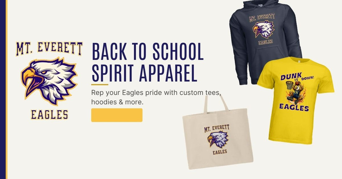 Mt. Everett Eagles back to school spirit apparel — custom hoodie, graphic tee, and tote bag from Stu Borncat Creations in Ashley Falls, MA