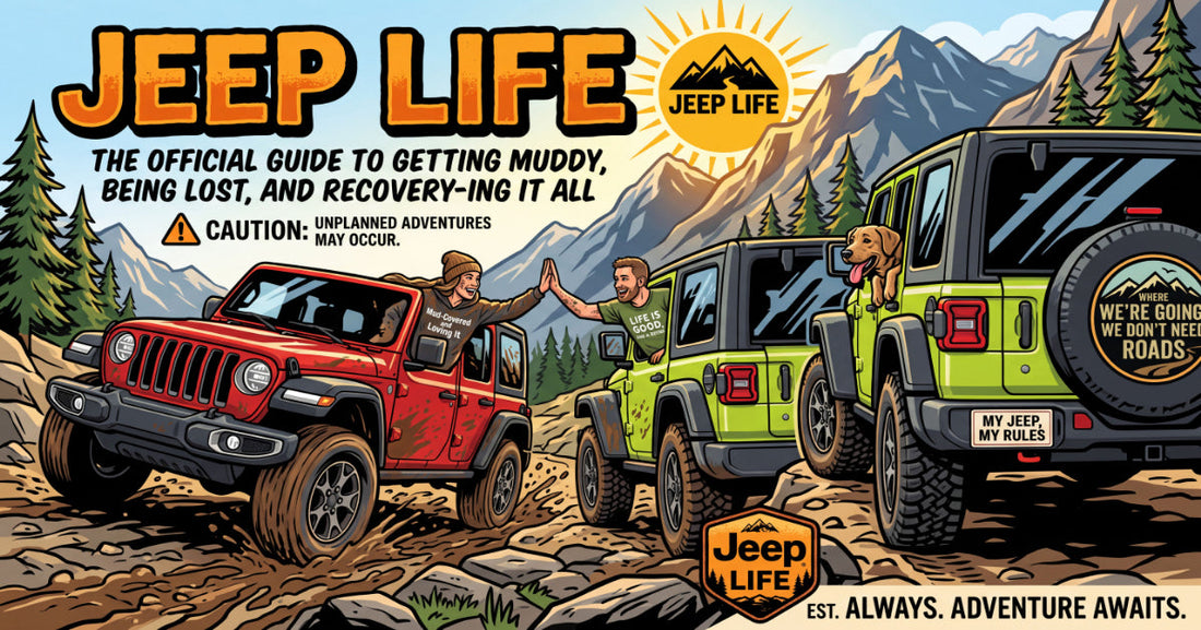Cartoon style illustration of three Jeeps driving through mountain scenery | Stu Borncat Creations