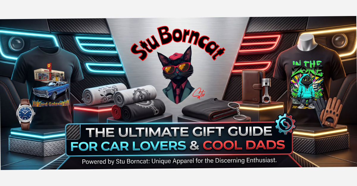 Stu Borncat Creations logo on blog banner flanked by cat and car graphic tees from the Catz and Carz collections — Berkshire County MA