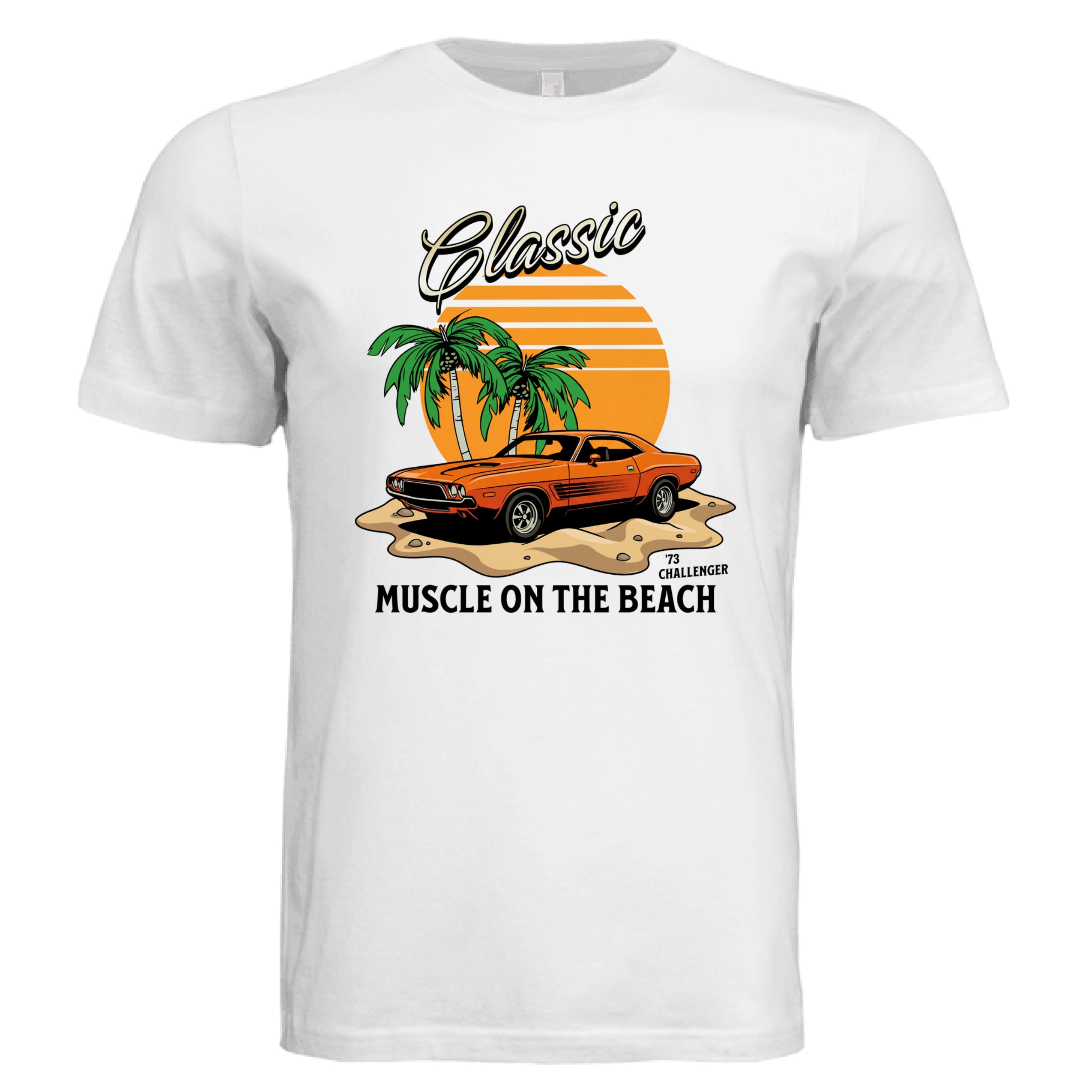 73 Dodge Challenger muscle car graphic t-shirt from Stu Borncat Creations