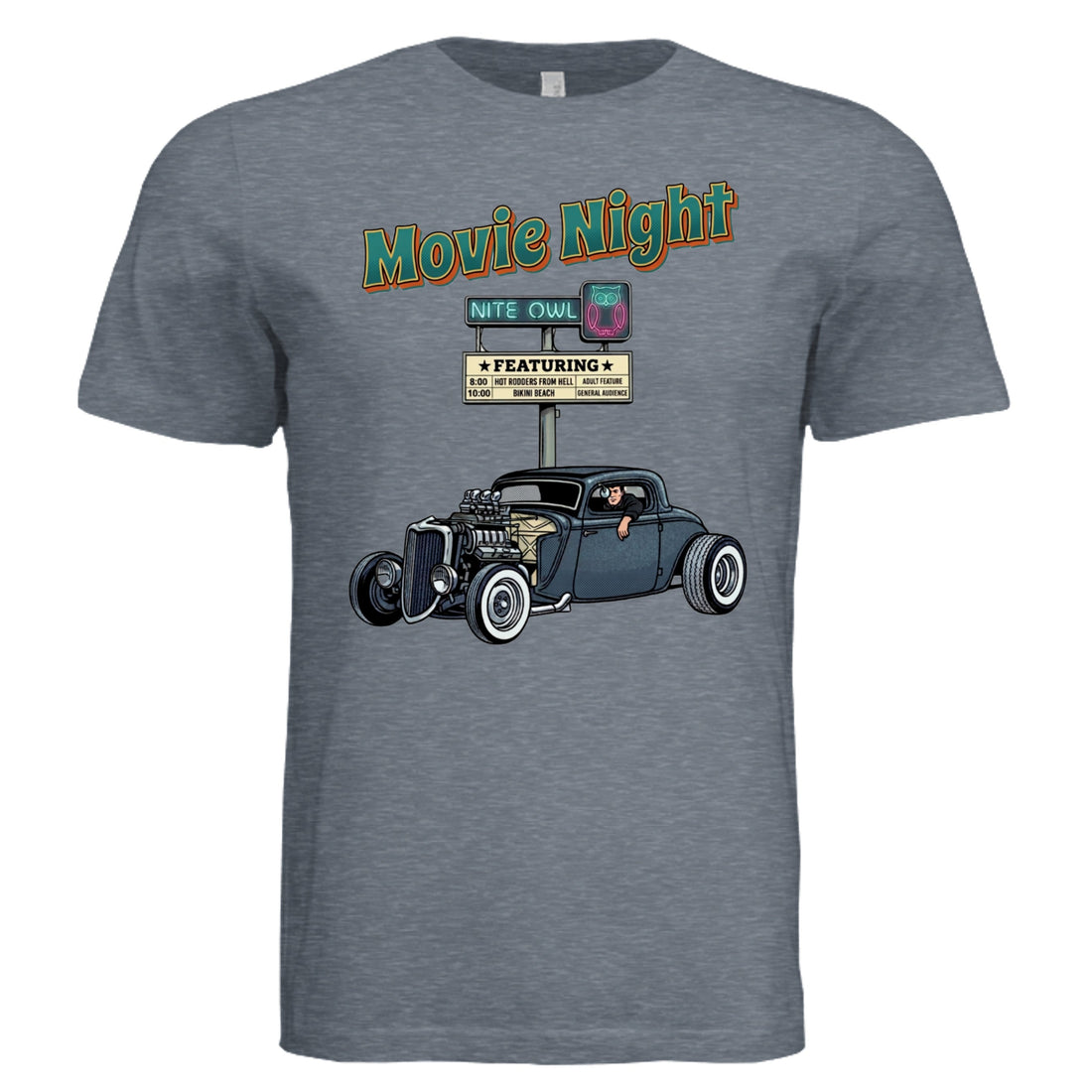 Movie Night Retro Hot Rod graphic t-shirt showcasing UVDTF print quality from Stu Borncat Creations