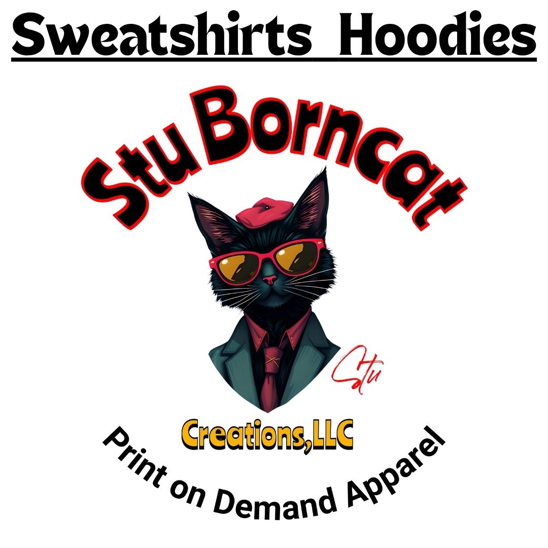 Stu Borncat logo featuring a black cat from shoulders up wearing a red beret, red sunglasses and tie, and a dark green suit — Sweatshirts and Hoodies by Stu Borncat Creations