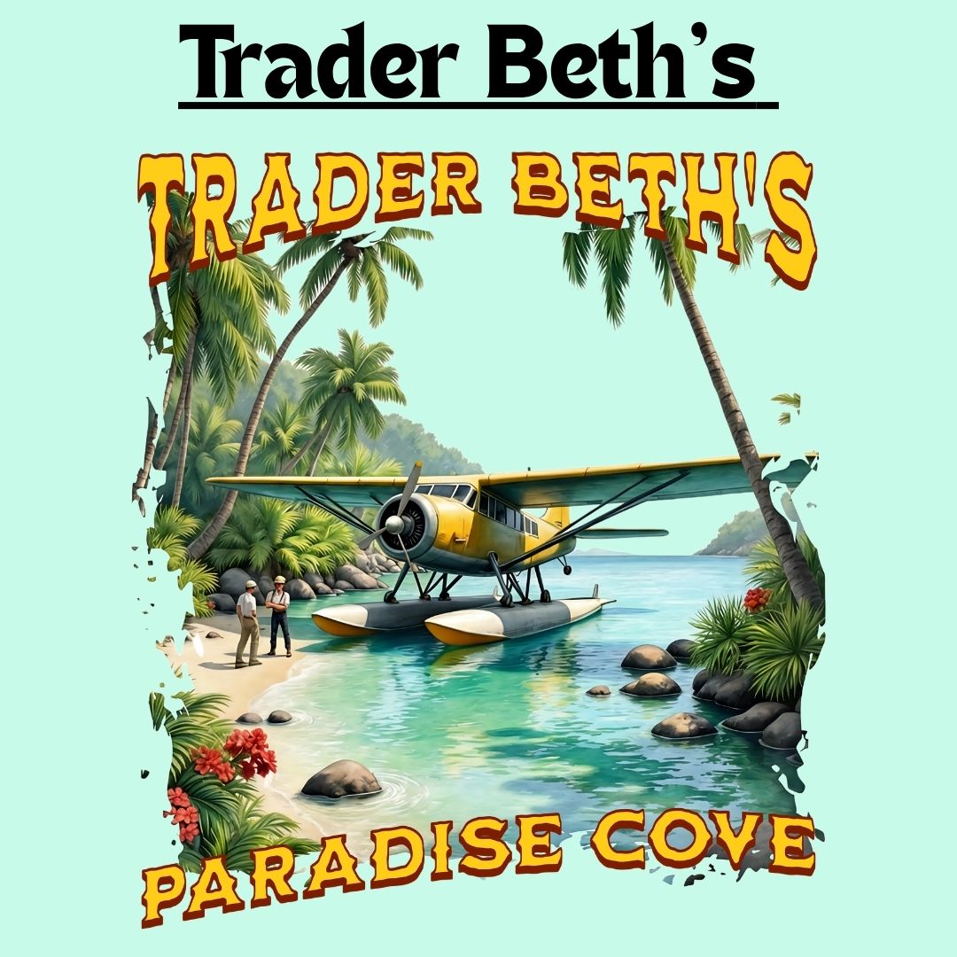 A yellow seaplane landed in a cove of an island in the pacific ocean.Two men are chatting next to the plane. Lush greenery is displayed. Trader Beths and Paradise Cove are displayed in green and blue font