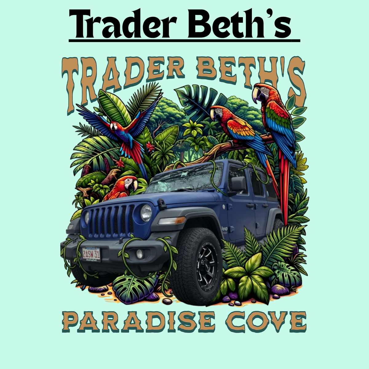A yellow seaplane landed in a cove of an island in the pacific ocean.Two men are chatting next to the plane. Lush greenery is displayed. Trader Beths and Paradise Cove are displayed in green and blue font