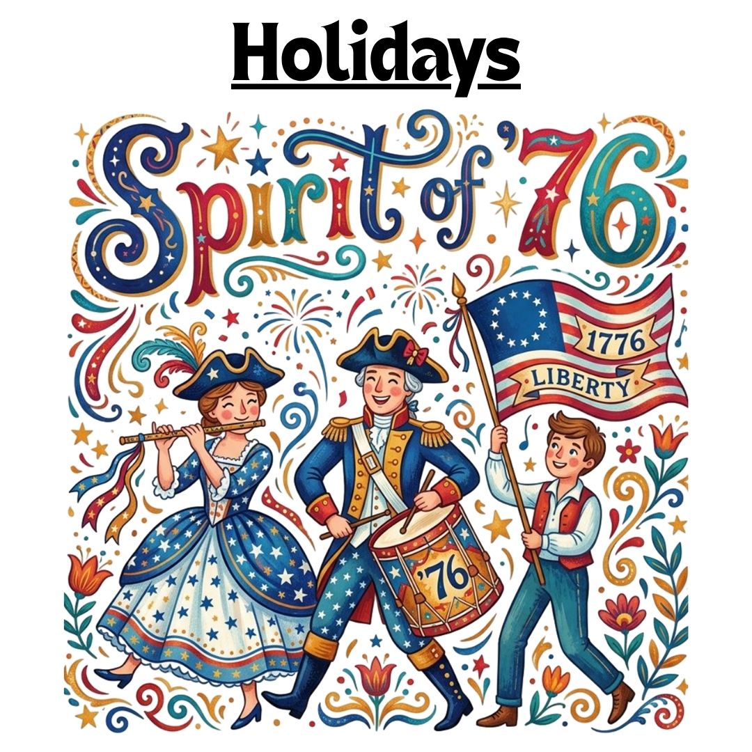Playful colorful illustration of children playing fife and drum and carrying a liberty flag, celebrating the Spirit of '76 — Holiday Graphic Apparel by Stu Borncat Creations