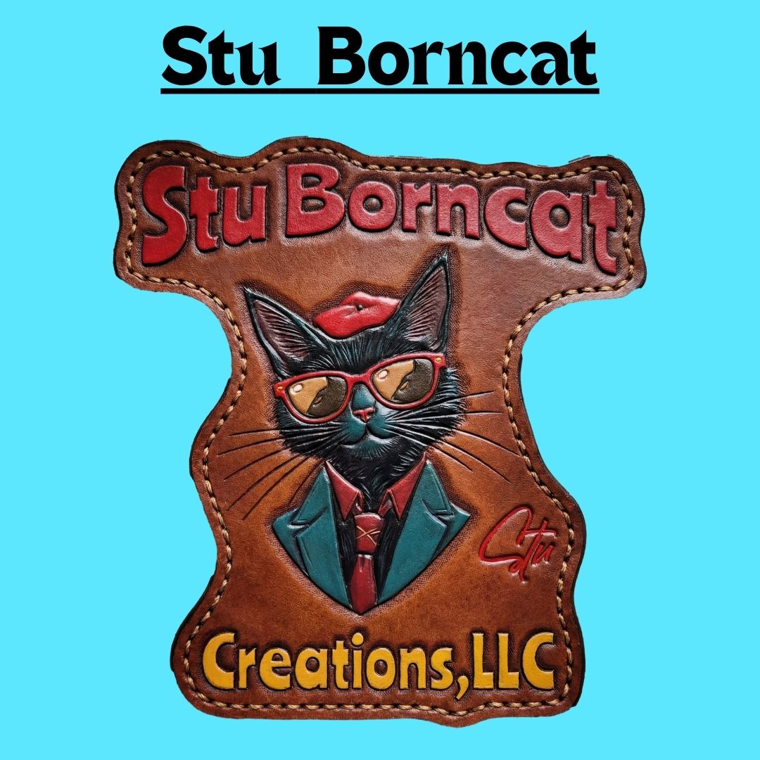 Stu Borncat logo featuring a black cat from shoulders up wearing a red beret, red sunglasses and tie, and a dark green suit, as a faux brown leather patch on an aqua background — Custom Printed Apparel by Stu Borncat Creations
