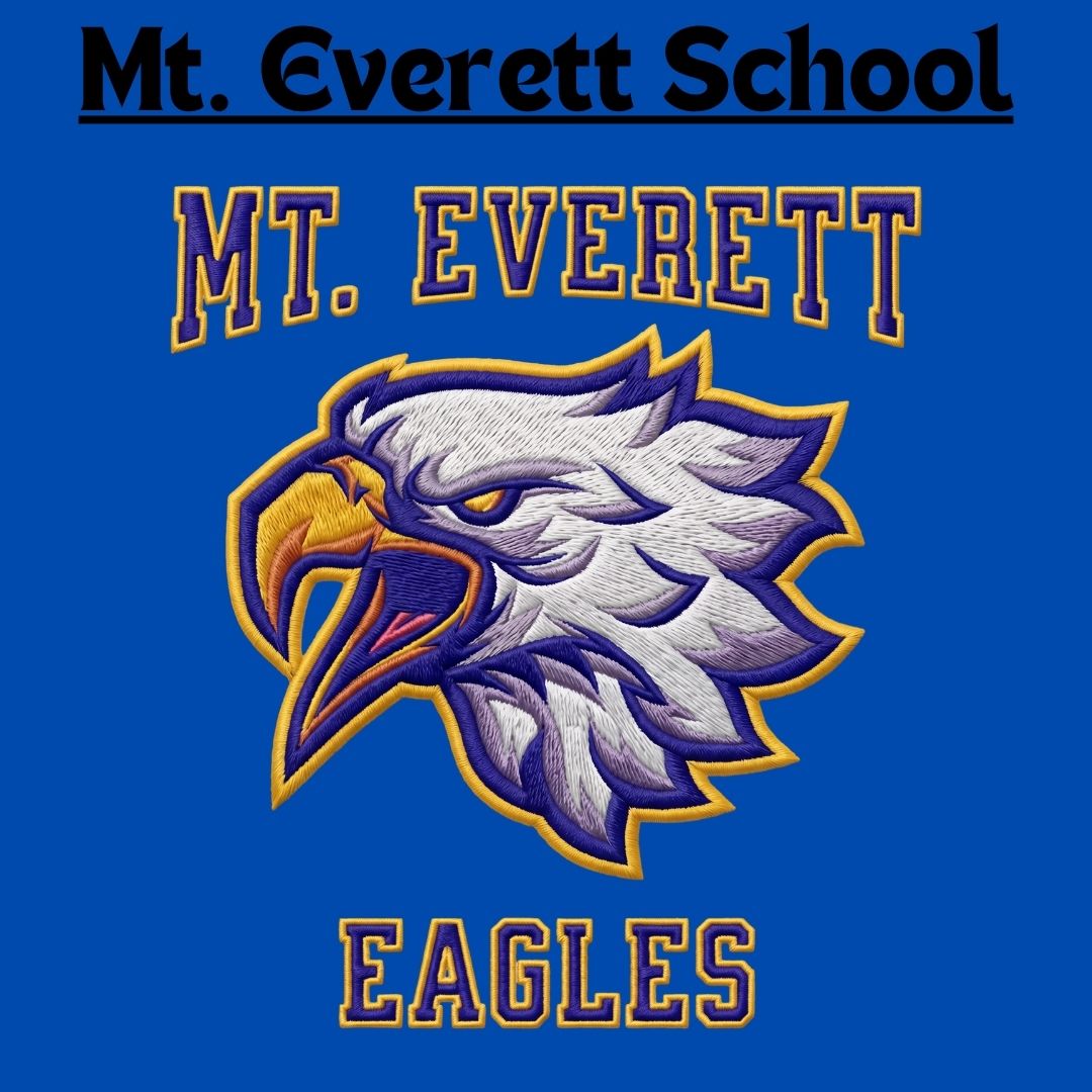 Faux embroidered screaming eagle design with text "Mt Everett Eagles" in blue and gold on a blue background — Mt Everett Regional School Spirit Apparel by Stu Borncat Creations
