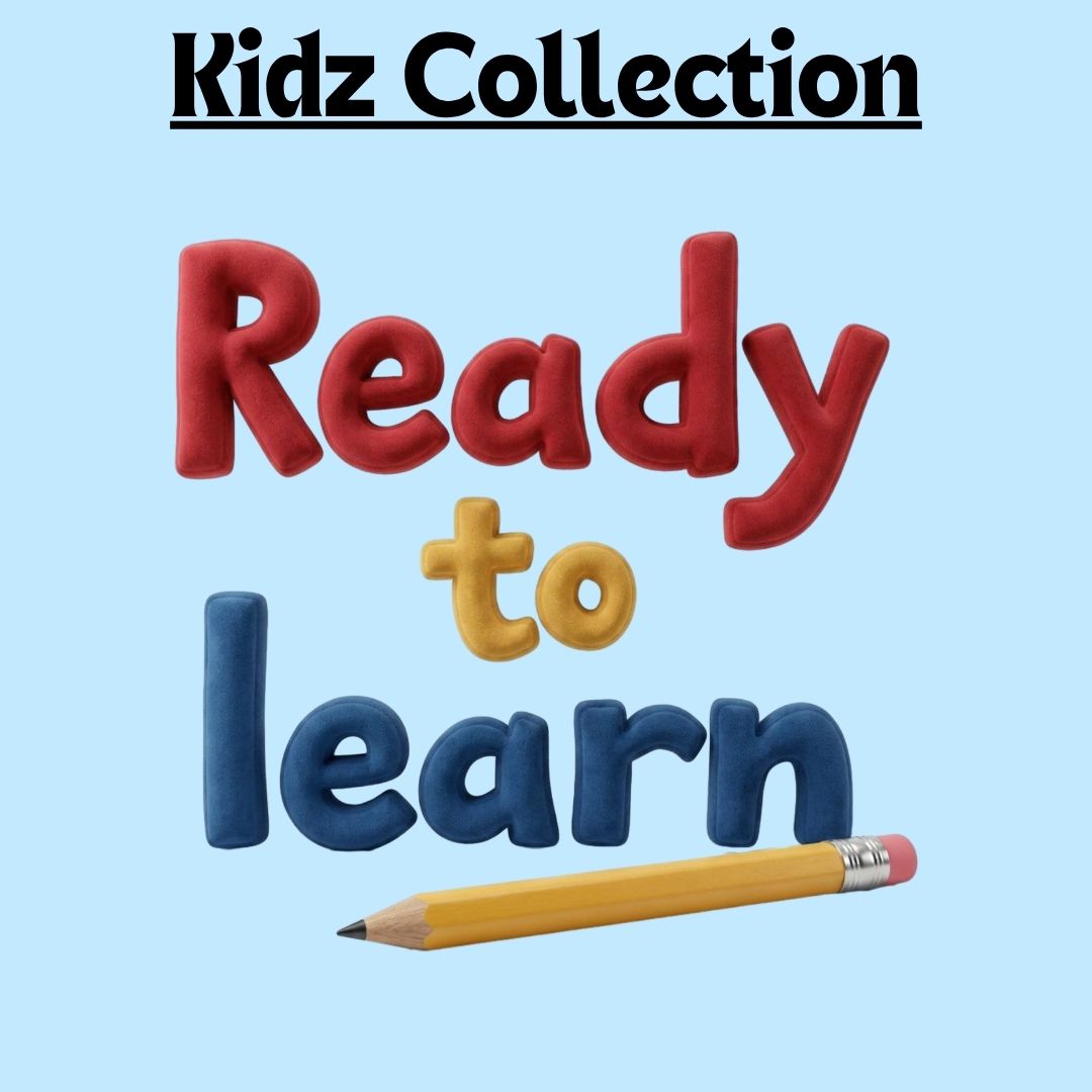 Multicolor puff style font reading "Ready to Learn" with a yellow pencil on a light blue background — Kidz Graphic Apparel by Stu Borncat Creations