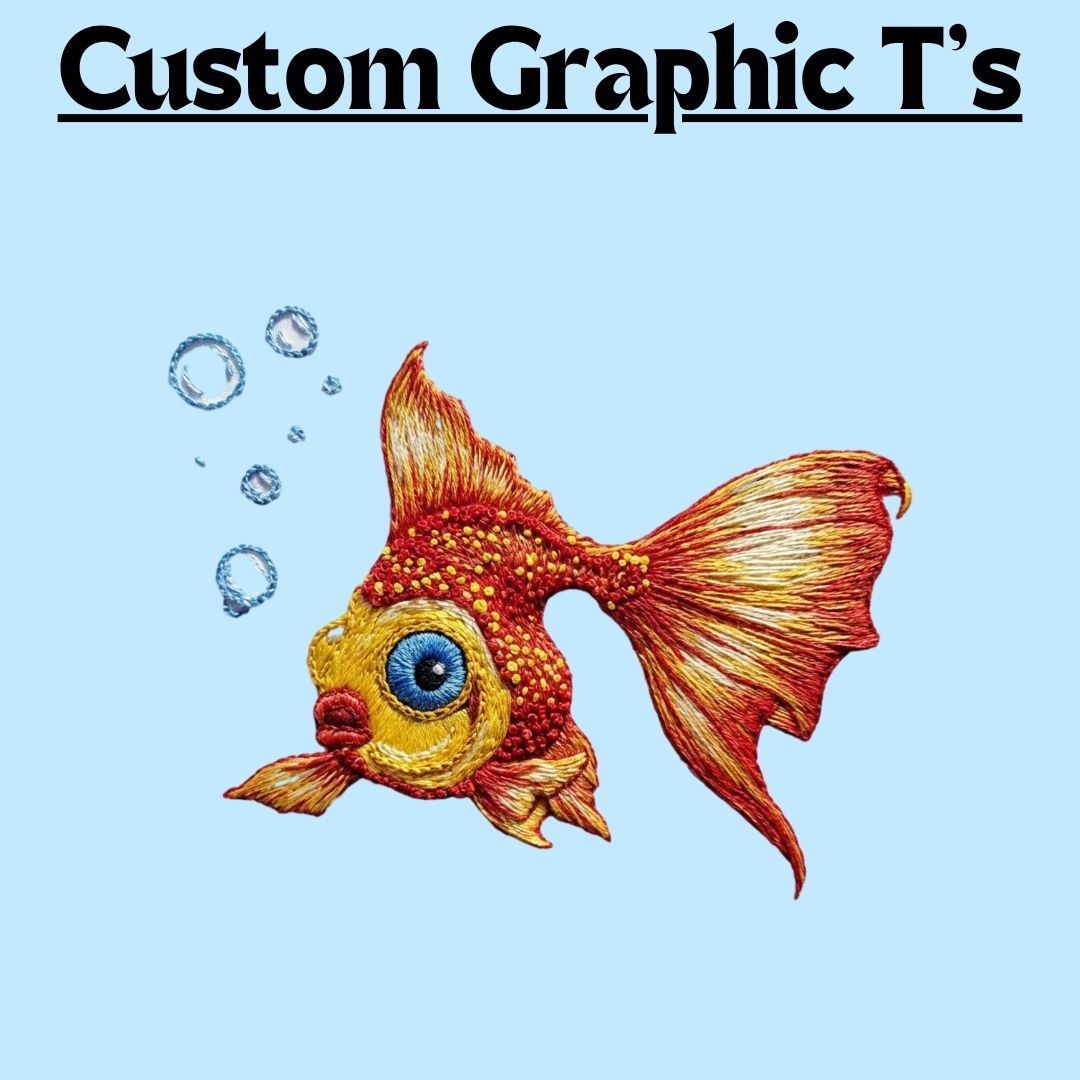 Faux embroidered orange fish with bubbles on a light blue background — Custom Graphic T-Shirt Design by Stu Borncat Creation