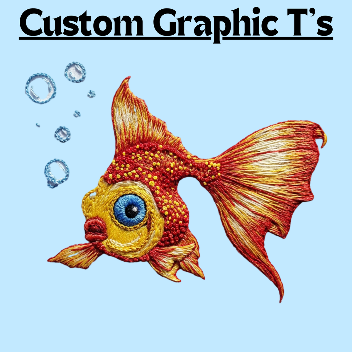 Faux embroidered orange fish with bubbles on a light blue background — Custom Graphic T-Shirt Design by Stu Borncat Creation