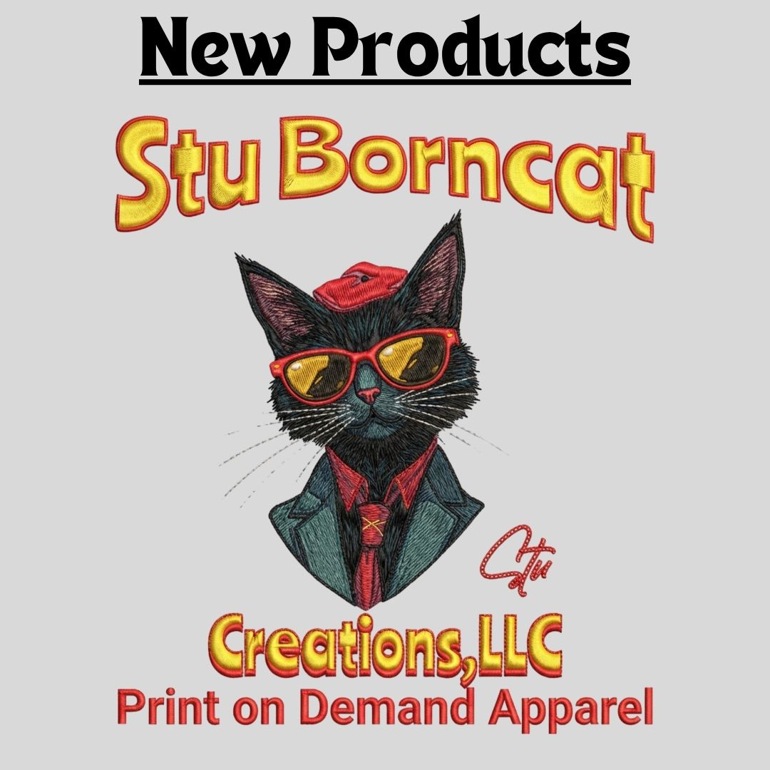 Stu Borncat logo featuring a black cat from shoulders up wearing a red beret, red sunglasses and tie, and a dark green suit — New Products by Stu Borncat Creations