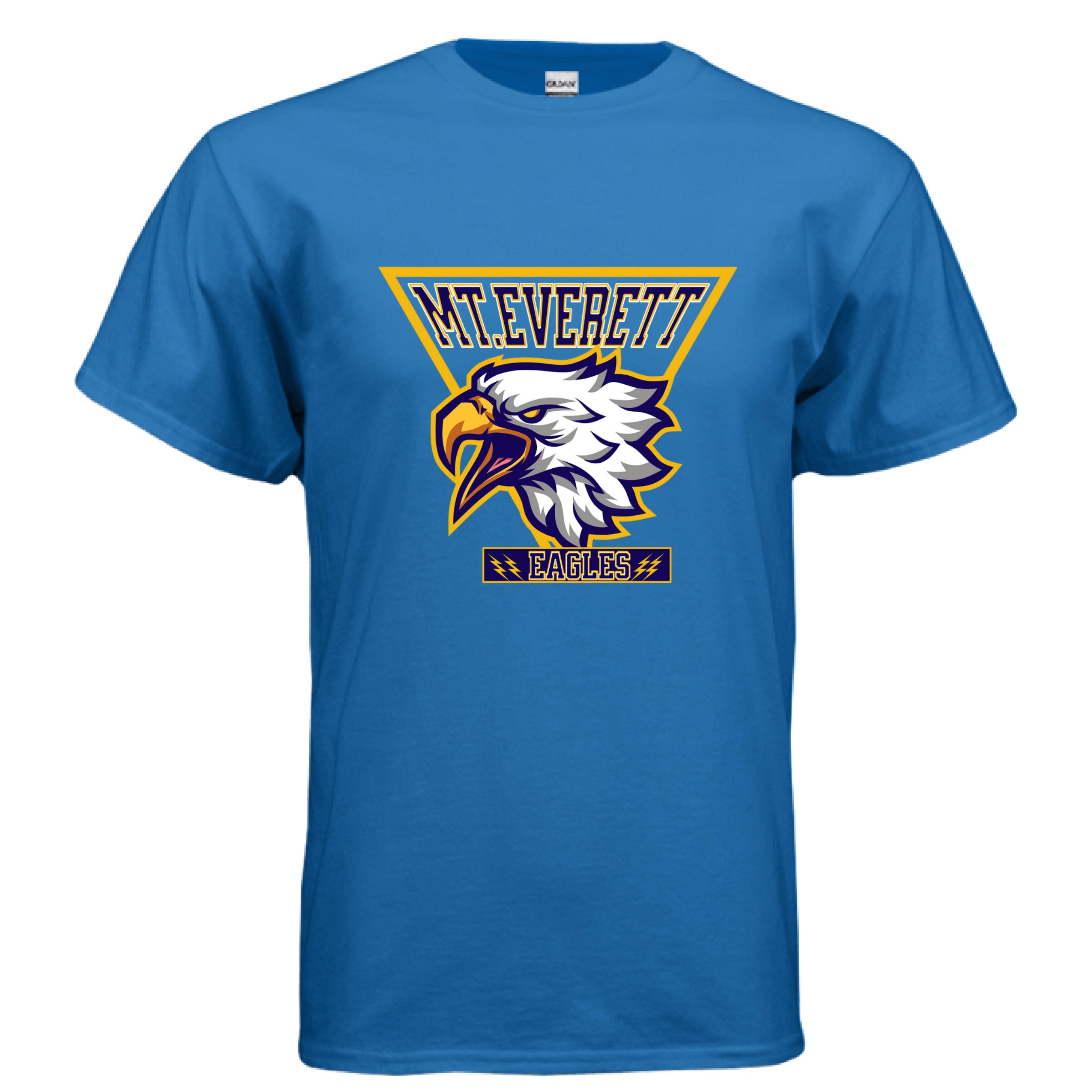 Blue t-shirt with eagle logo and text on a white background