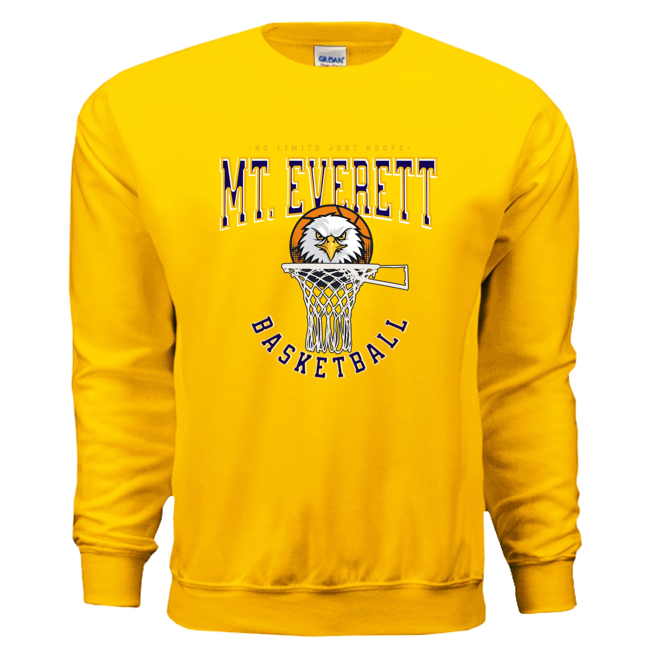 Yellow sweatshirt with 'Mt. Everett Basketball' design on a white background