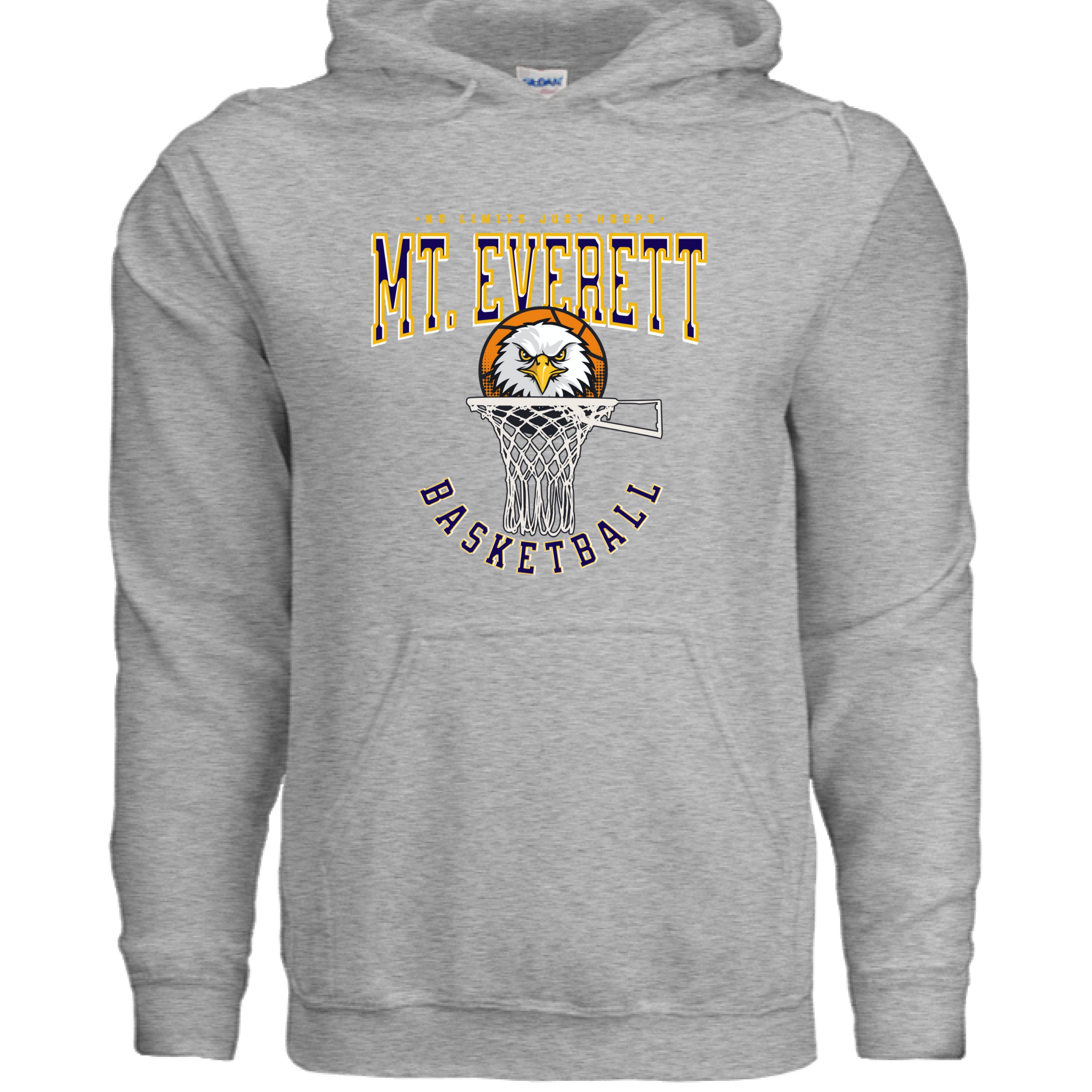 Gray hoodie with 'Mt. Everett Basketball' design featuring an eagle and hoop on a white background