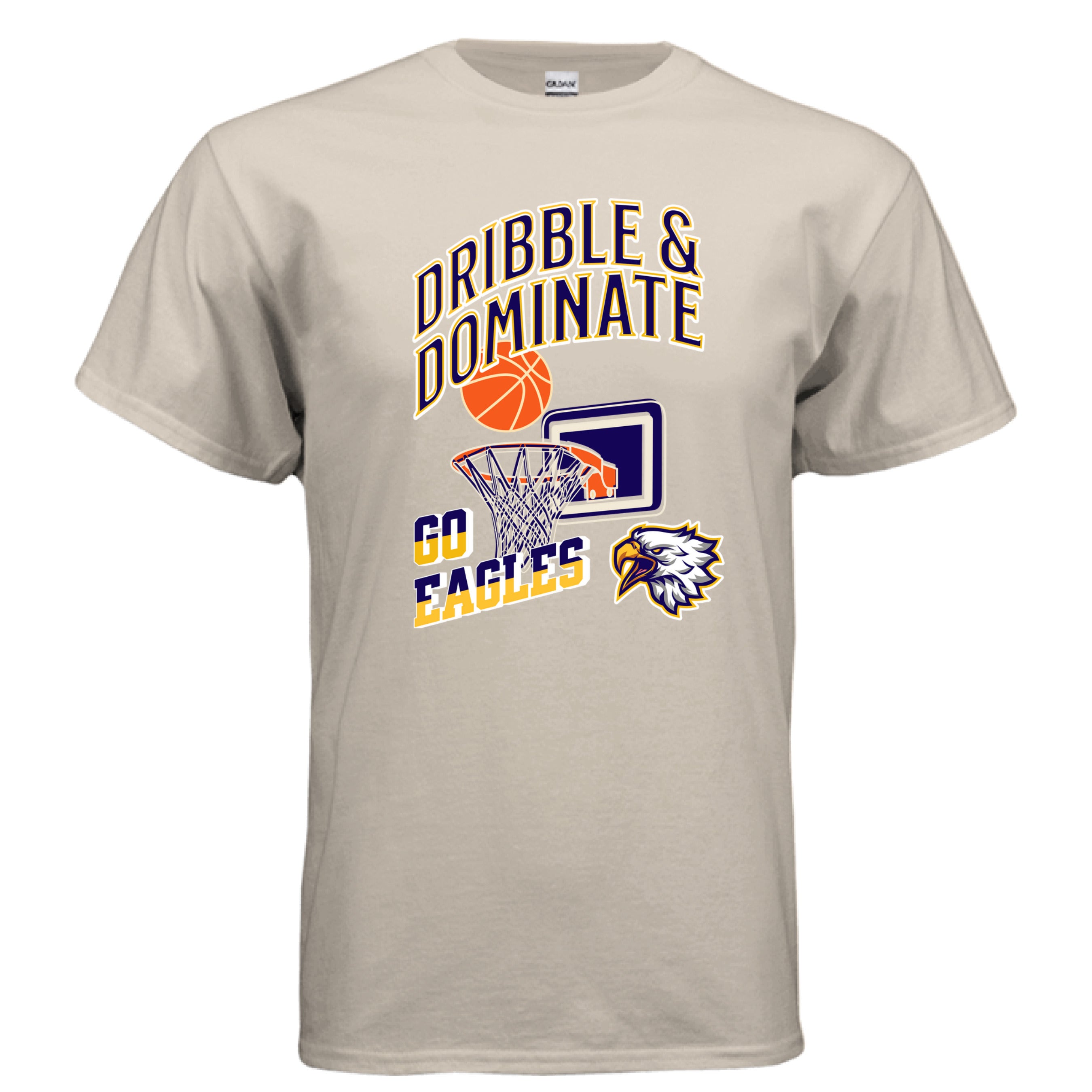 Sand  t-shirt with basketball graphics and text on a white background