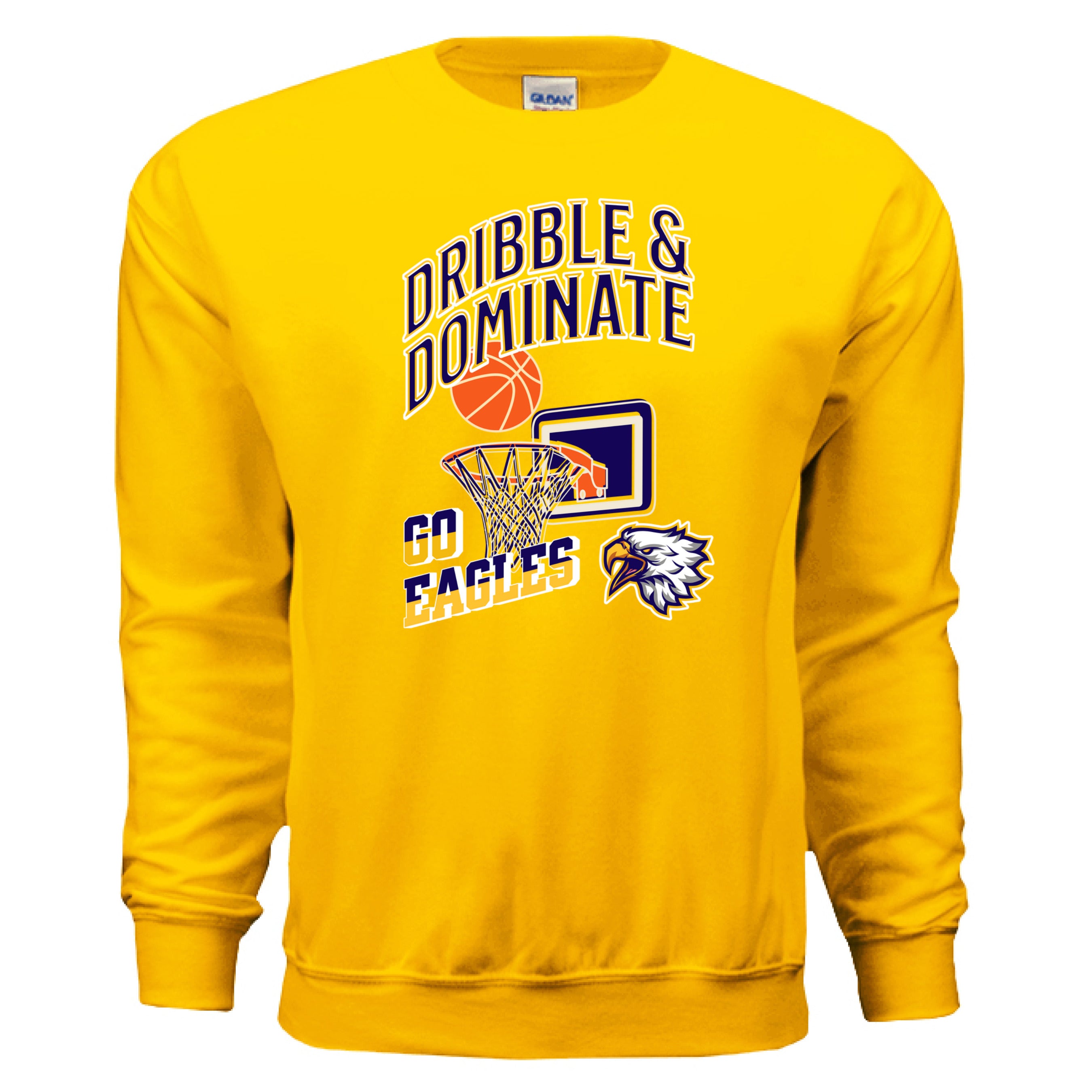 Yellow sweatshirt with basketball graphics and text on a white background
