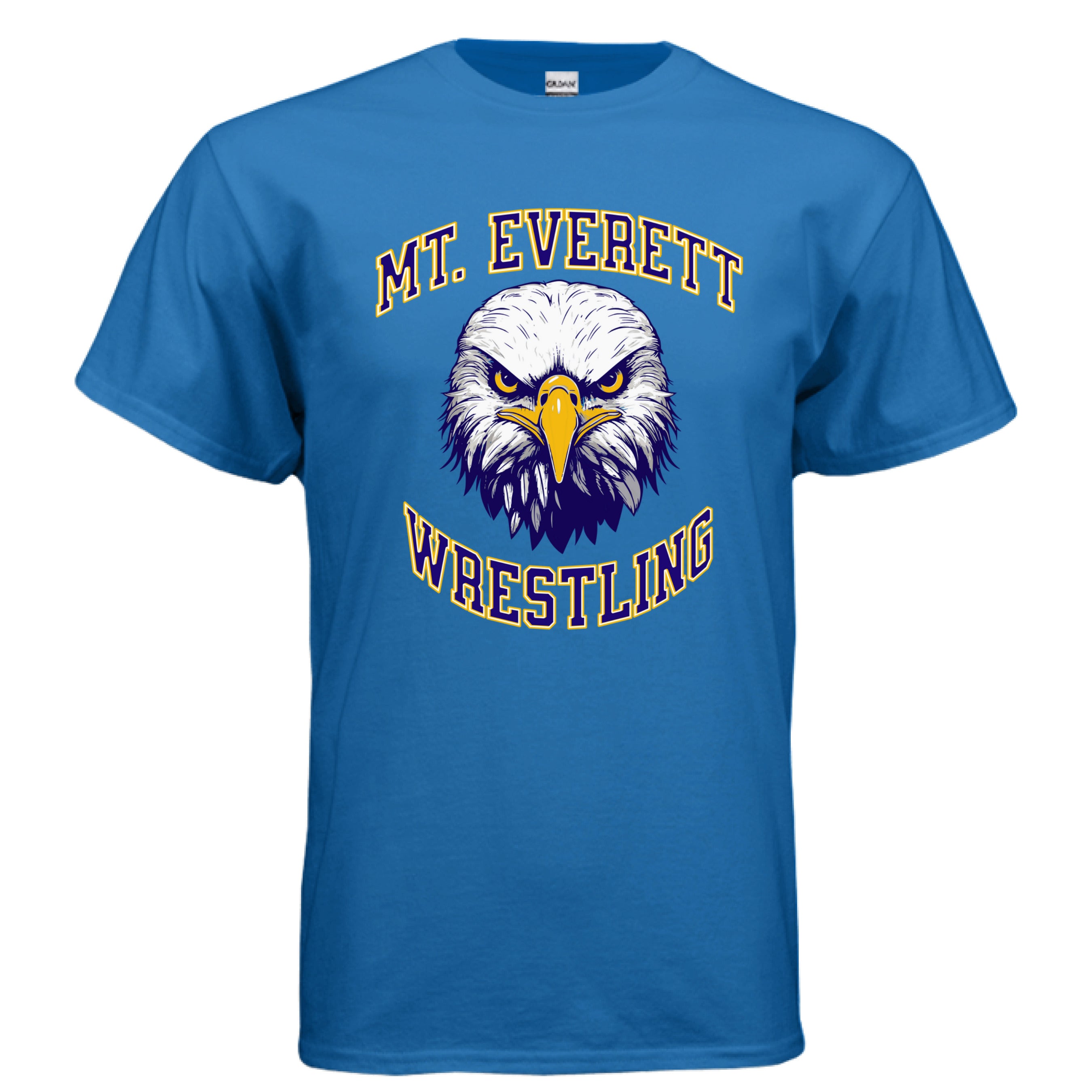 Blue t-shirt with eagle graphic and 'Mt. Everett Wrestling' text on a white background