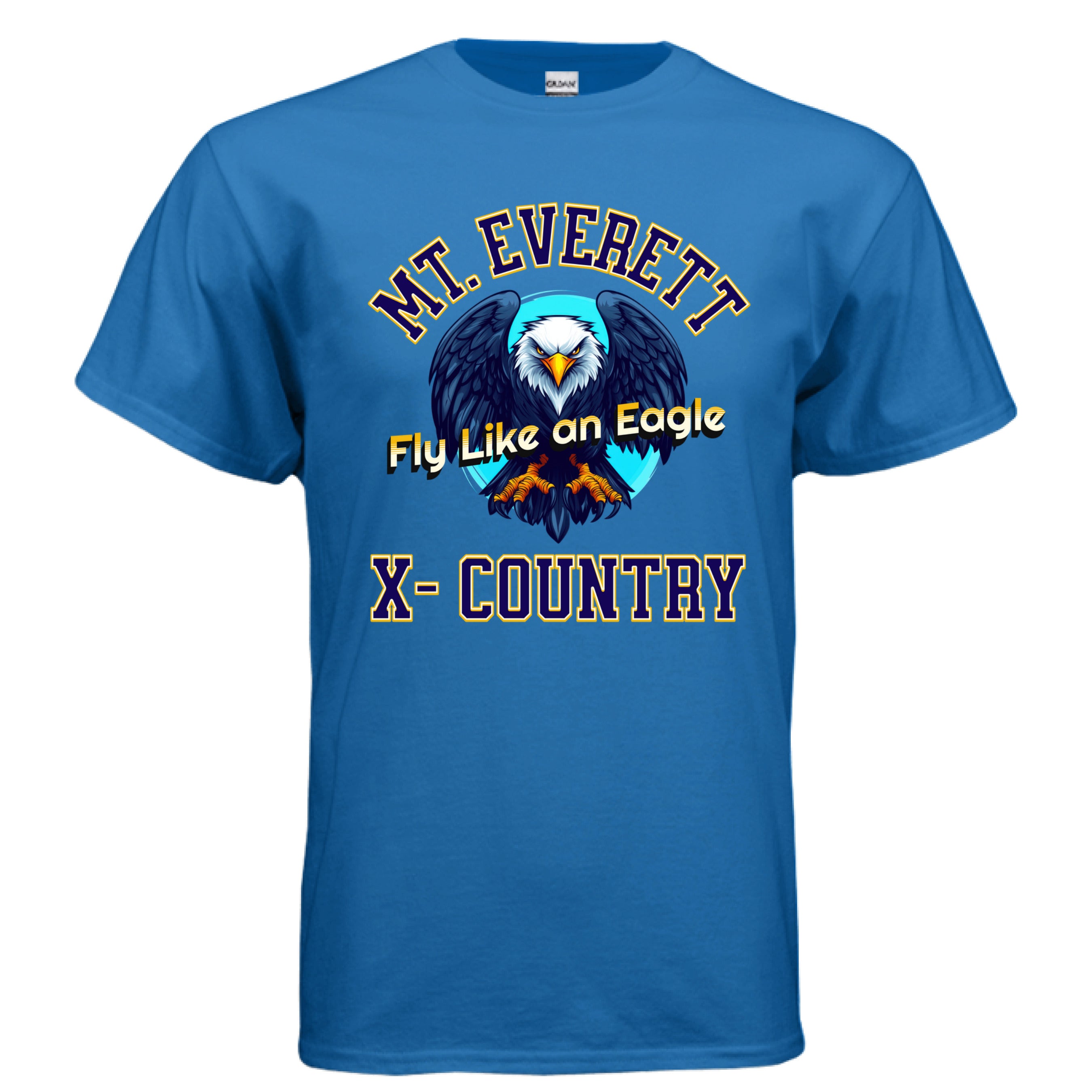 Blue t-shirt with eagle graphic and text on a white background