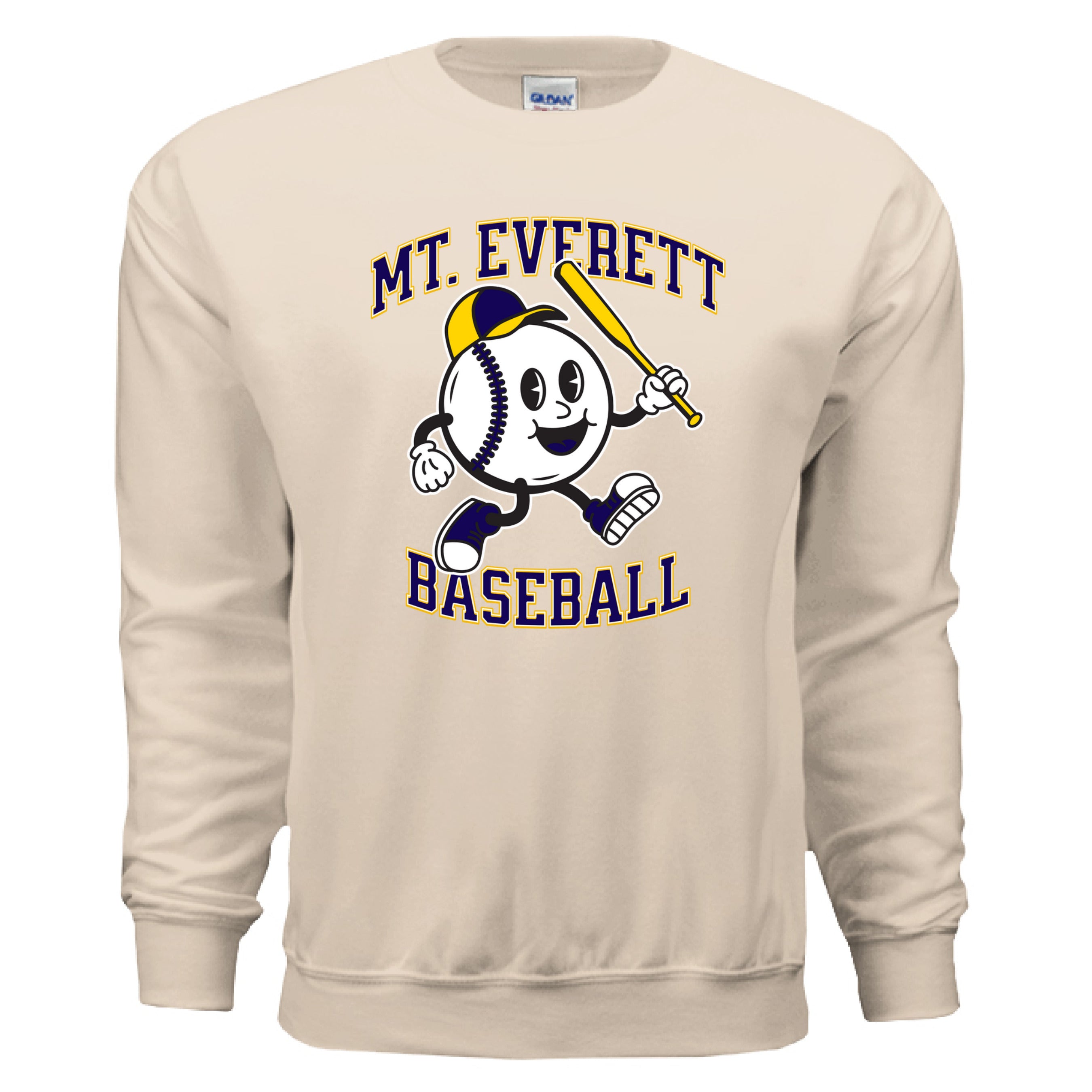 Beige sweatshirt with 'Mt. Everett Baseball' design on a white background