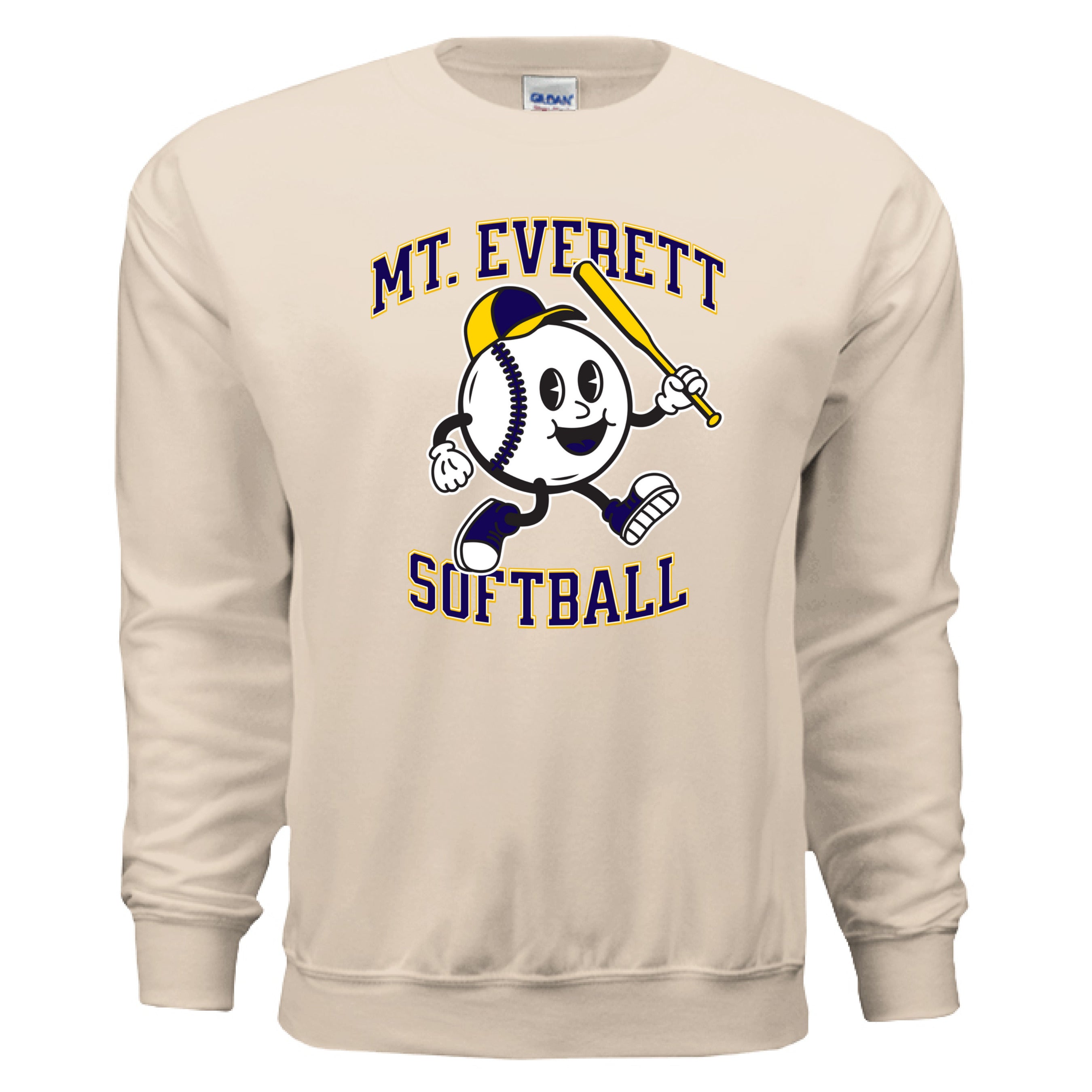 Beige sweatshirt with 'Mt. Everett Softball' design featuring a cartoon character holding a baseball bat.