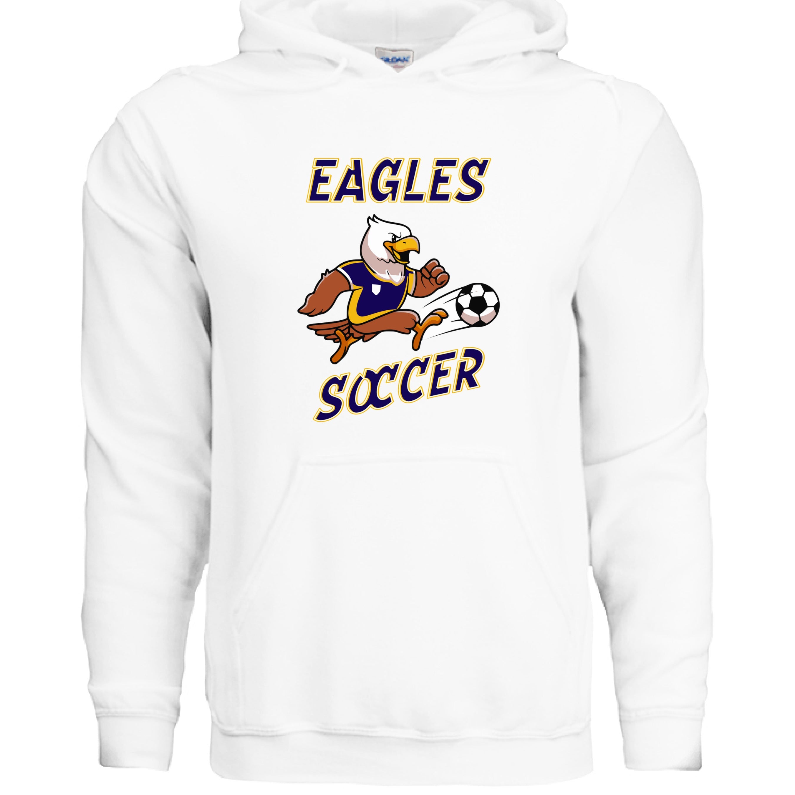 White hoodie with 'Eagles Soccer' design featuring an eagle and soccer ball on a white background