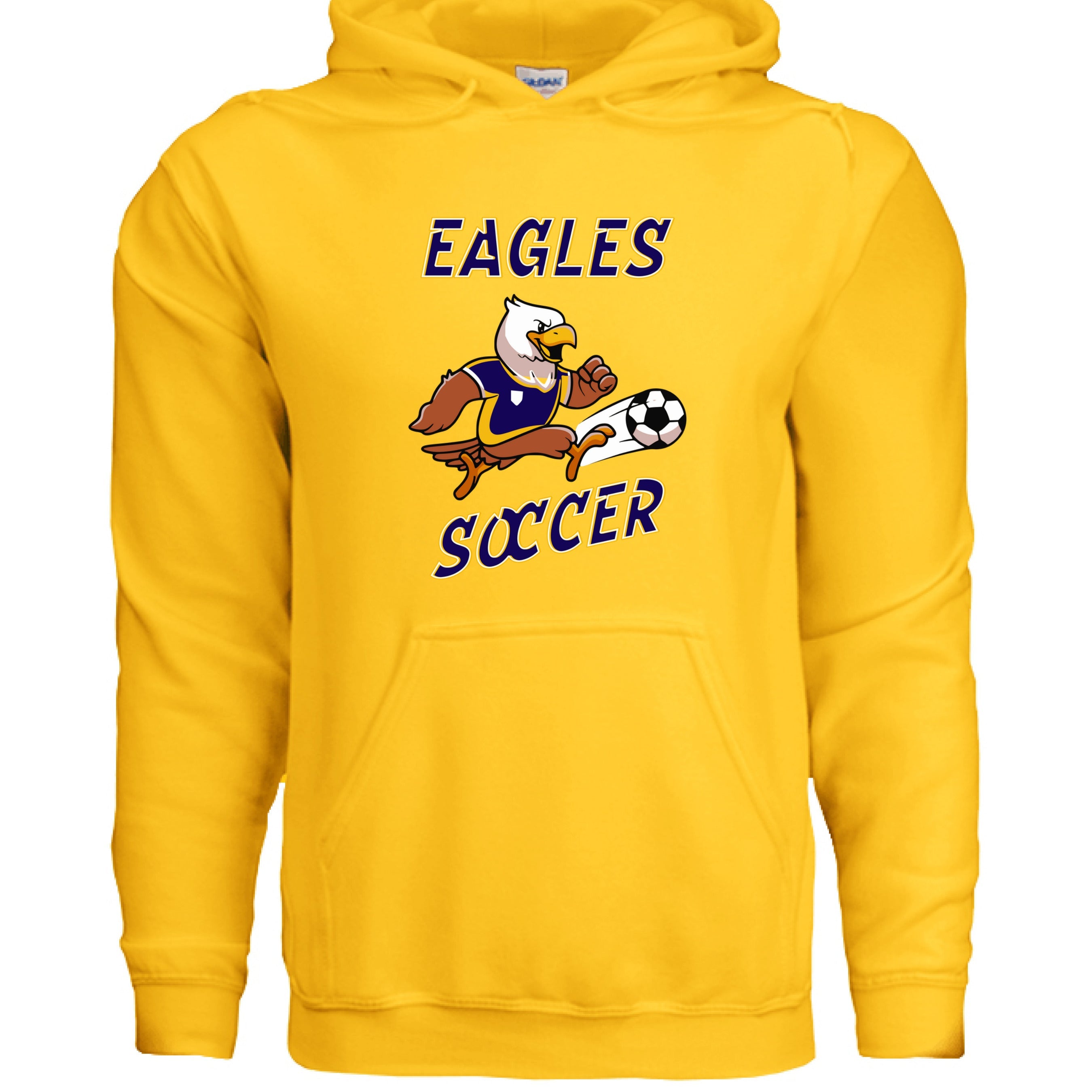 Yellow hoodie with 'Eagles Soccer' design featuring an eagle and soccer ball on a white background