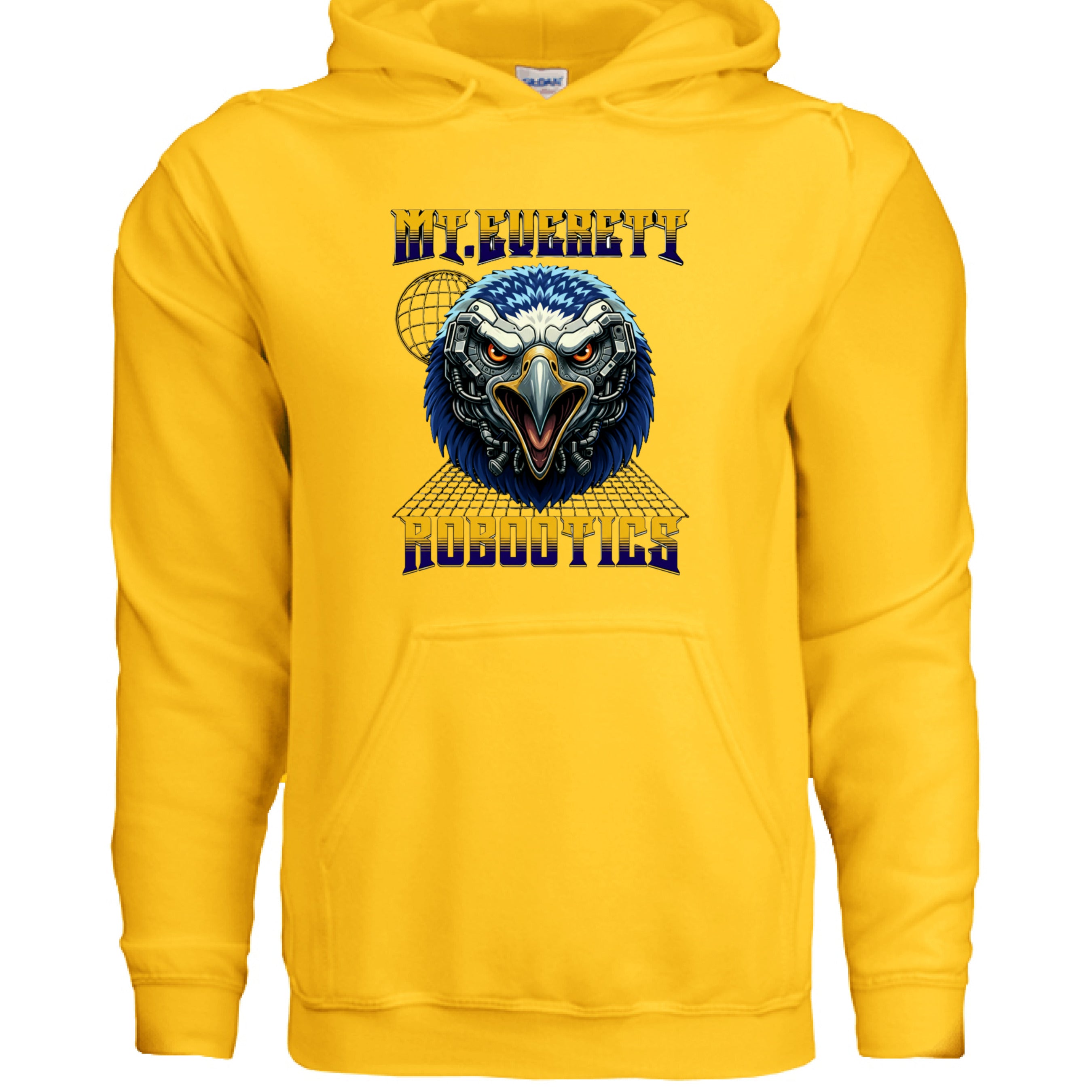 Yellow hoodie with an eagle graphic and text on a white background