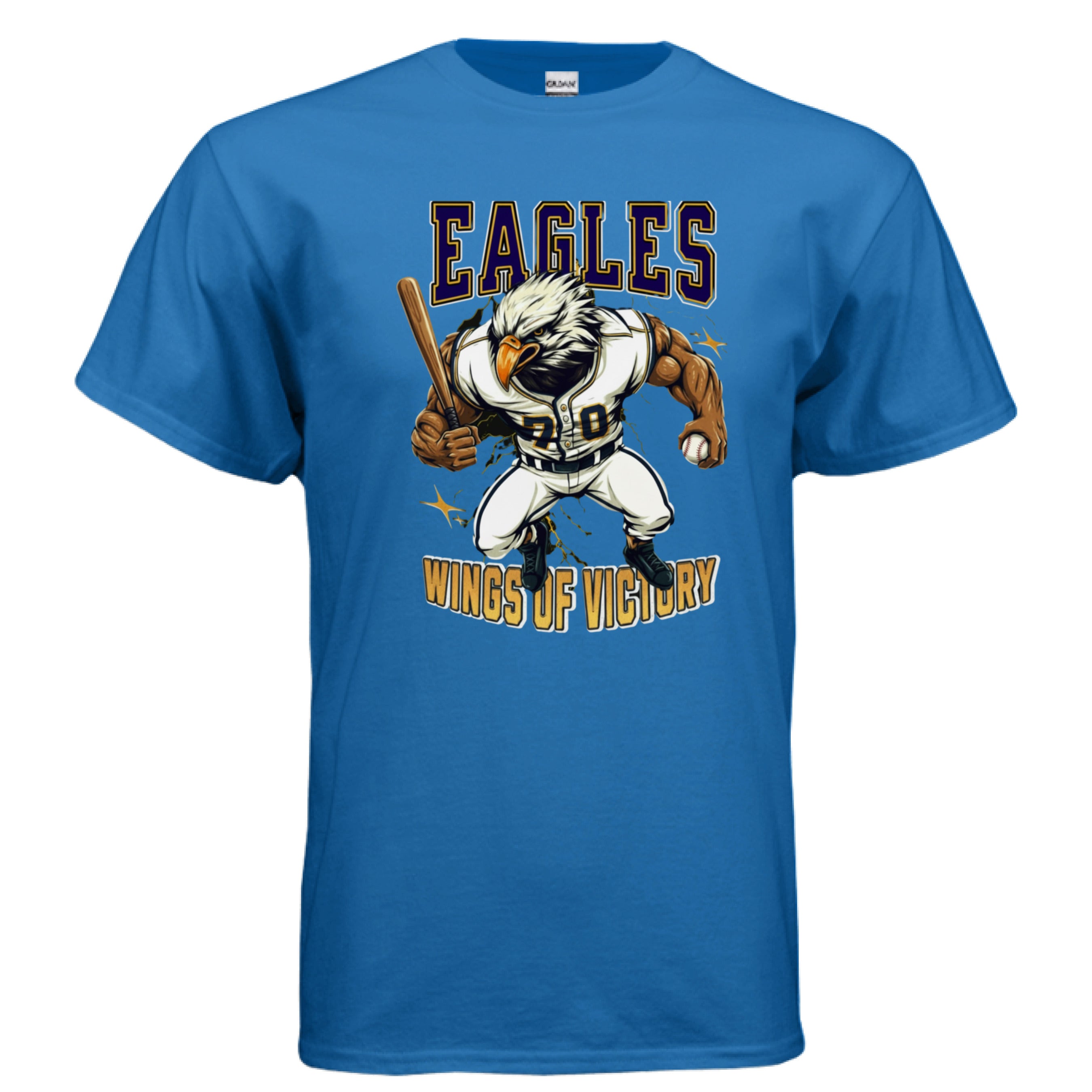 Blue t-shirt with an eagle graphic and 'EAGLES WINGS OF VICTORY' text on a white background