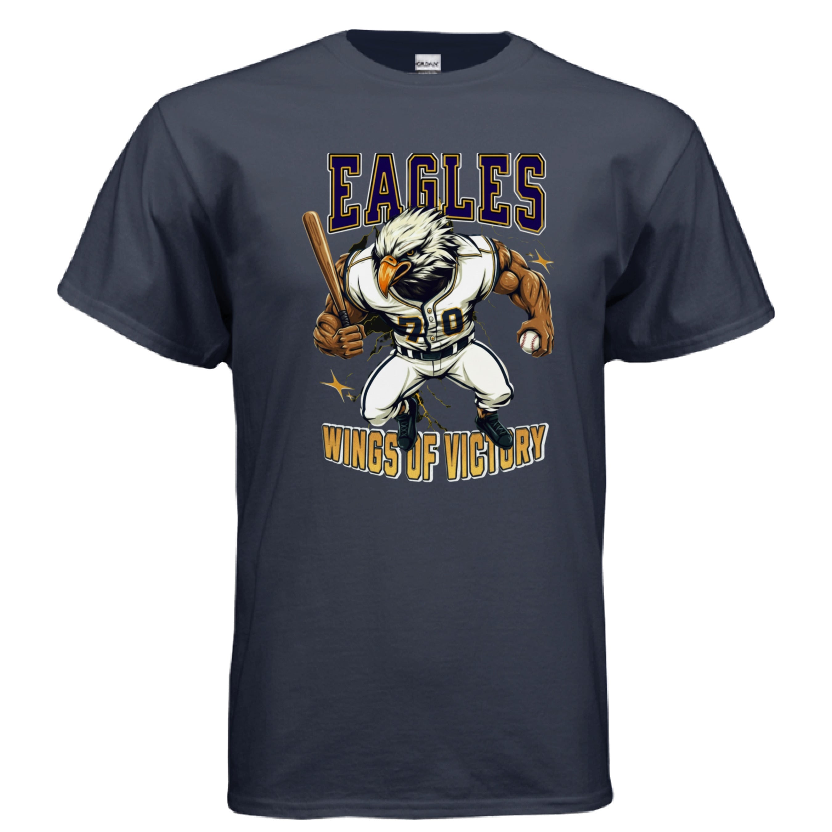 Navy blue t-shirt with an eagle graphic and 'Eagles Wings of Victory' text on a white background