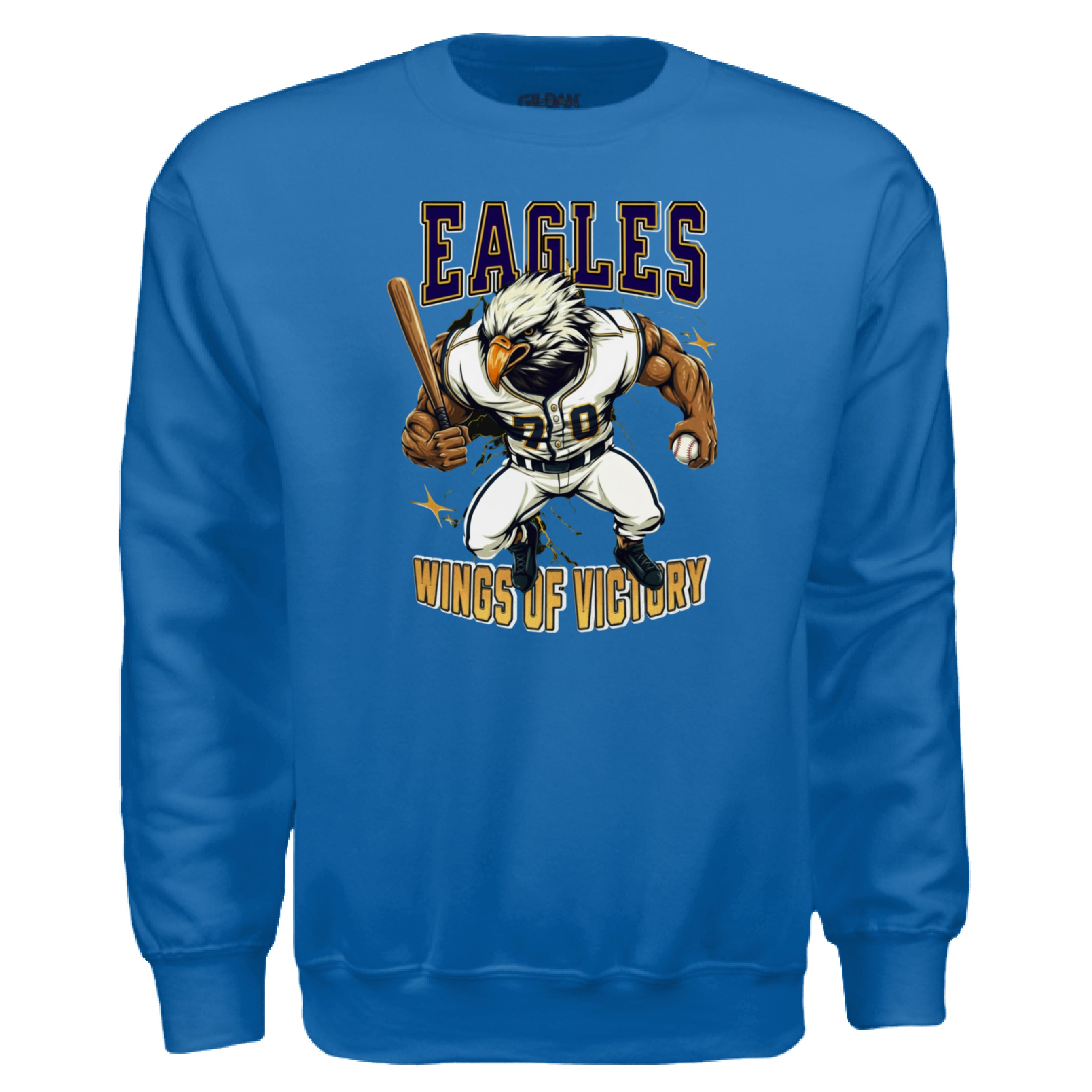 Blue sweatshirt with an eagle graphic and 'Eagles Wings of Victory' text on a white background