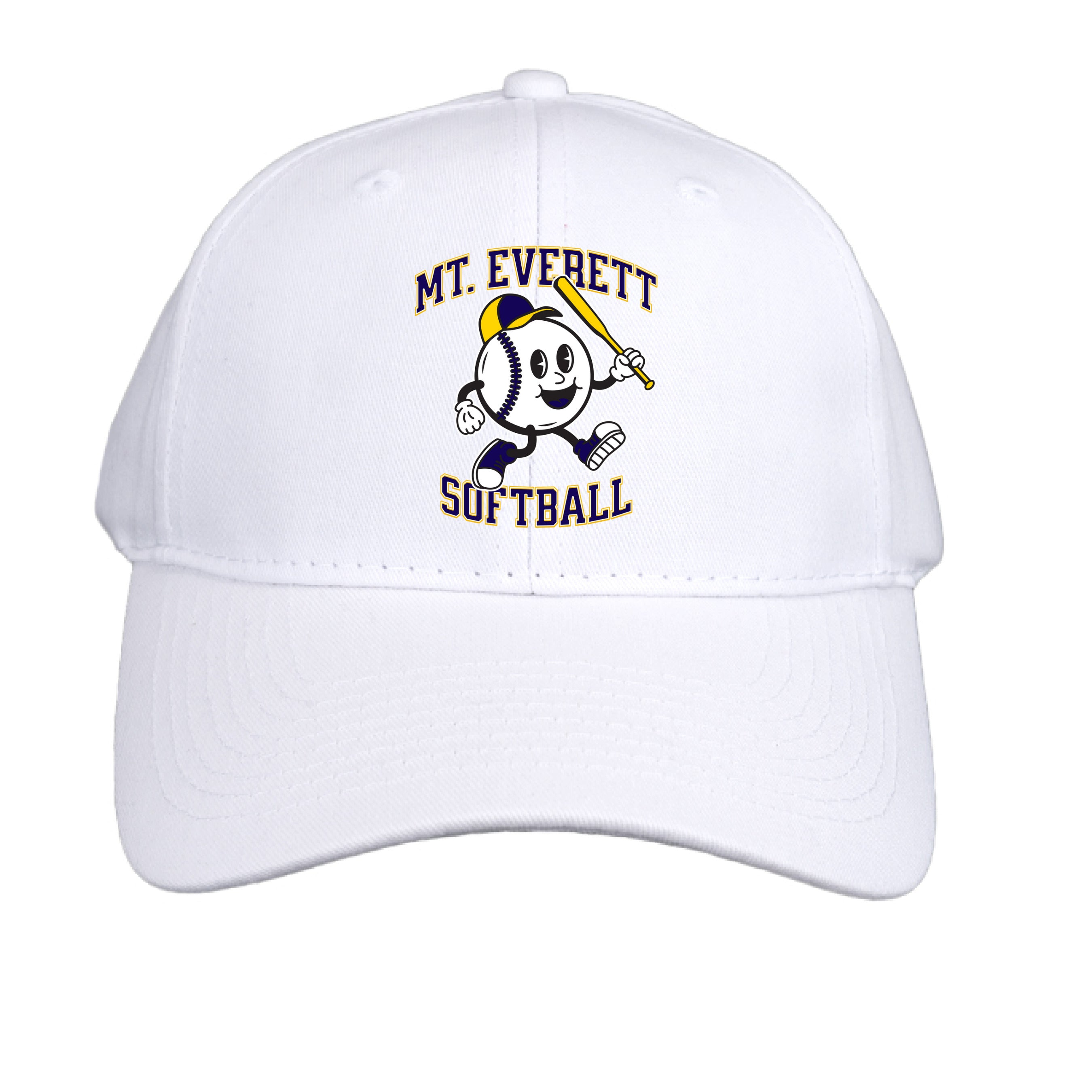 White cap with 'Mt. Everett Softball' logo on a white background