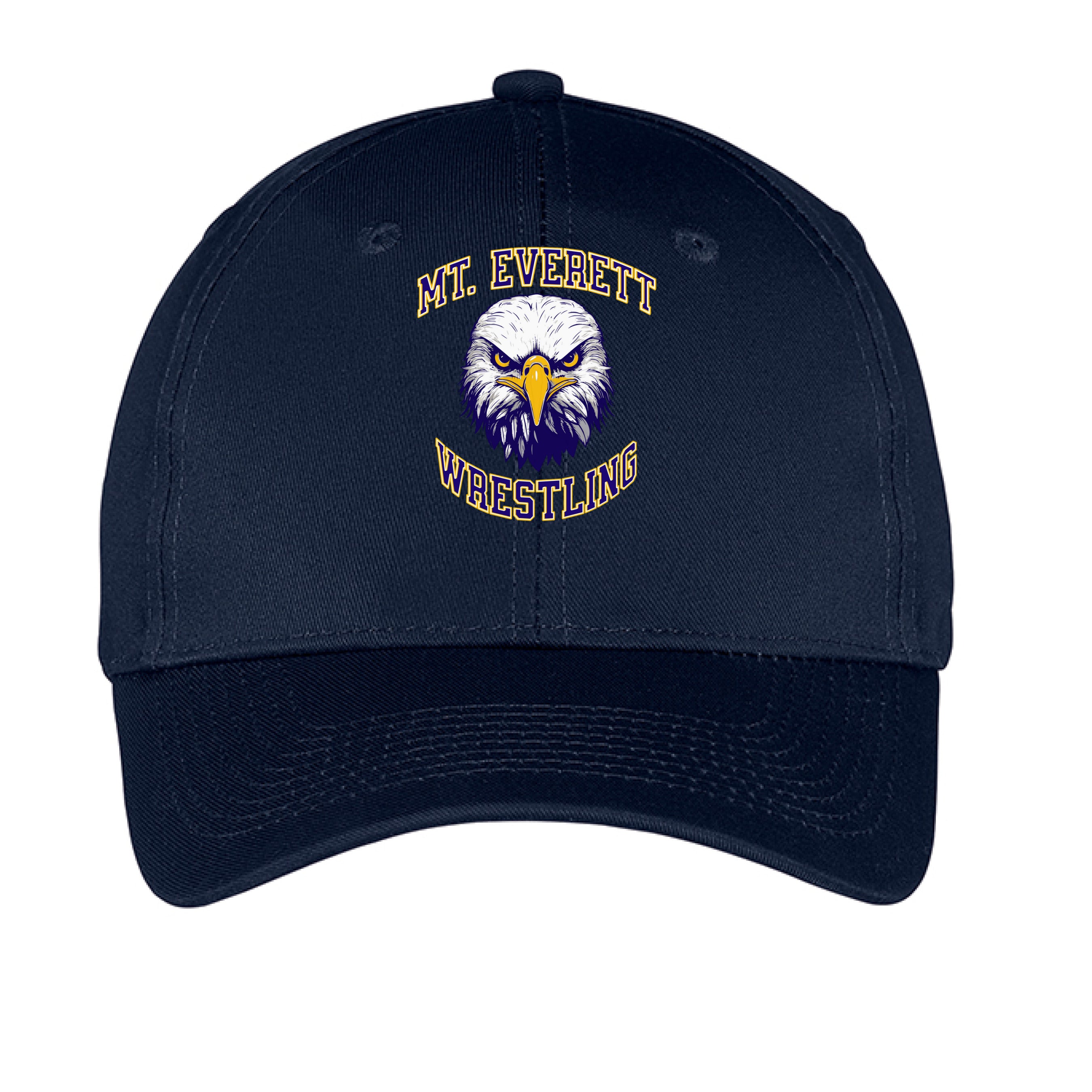 Navy blue cap with embroidered eagle logo and 'Mt. Everett Wrestling' text on a white background