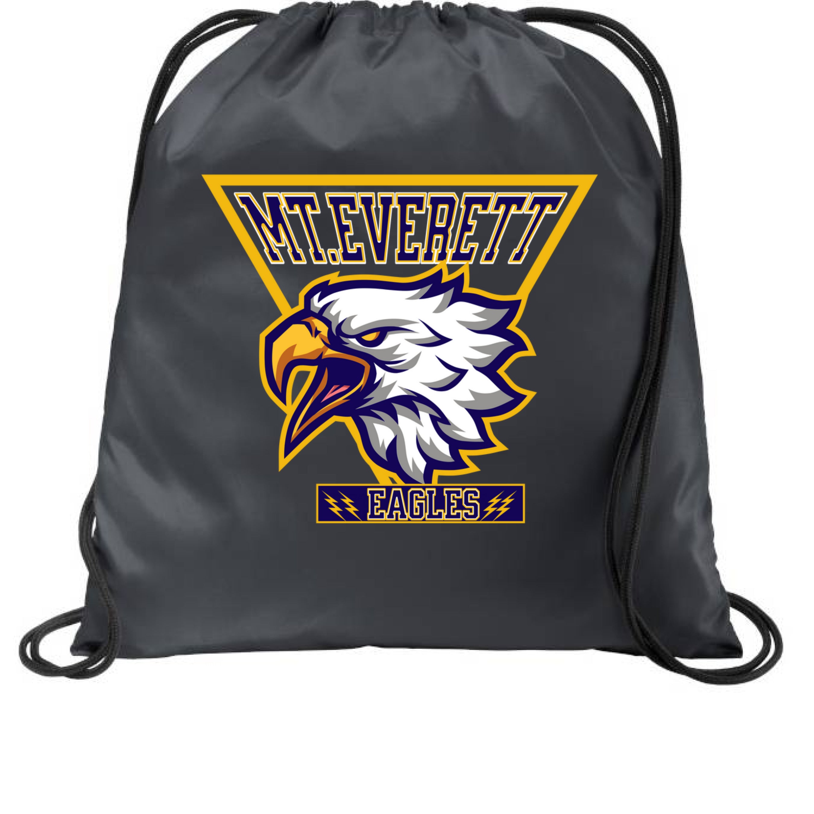 Black drawstring bag with eagle logo and 'Mt. Everett Eagles' text on a white background