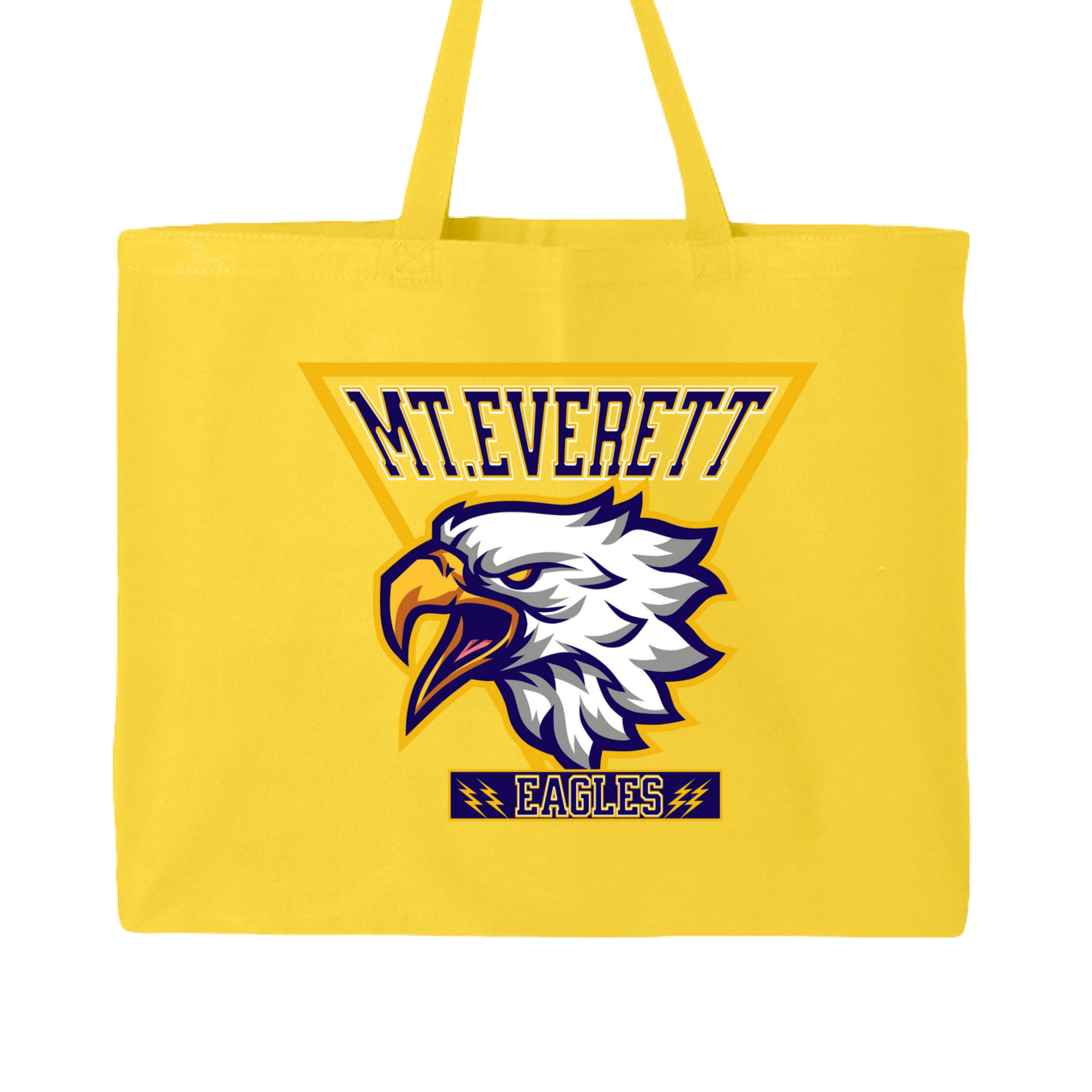 Yellow tote bag with eagle logo and 'Mt. Everett Eagles' text on a white background