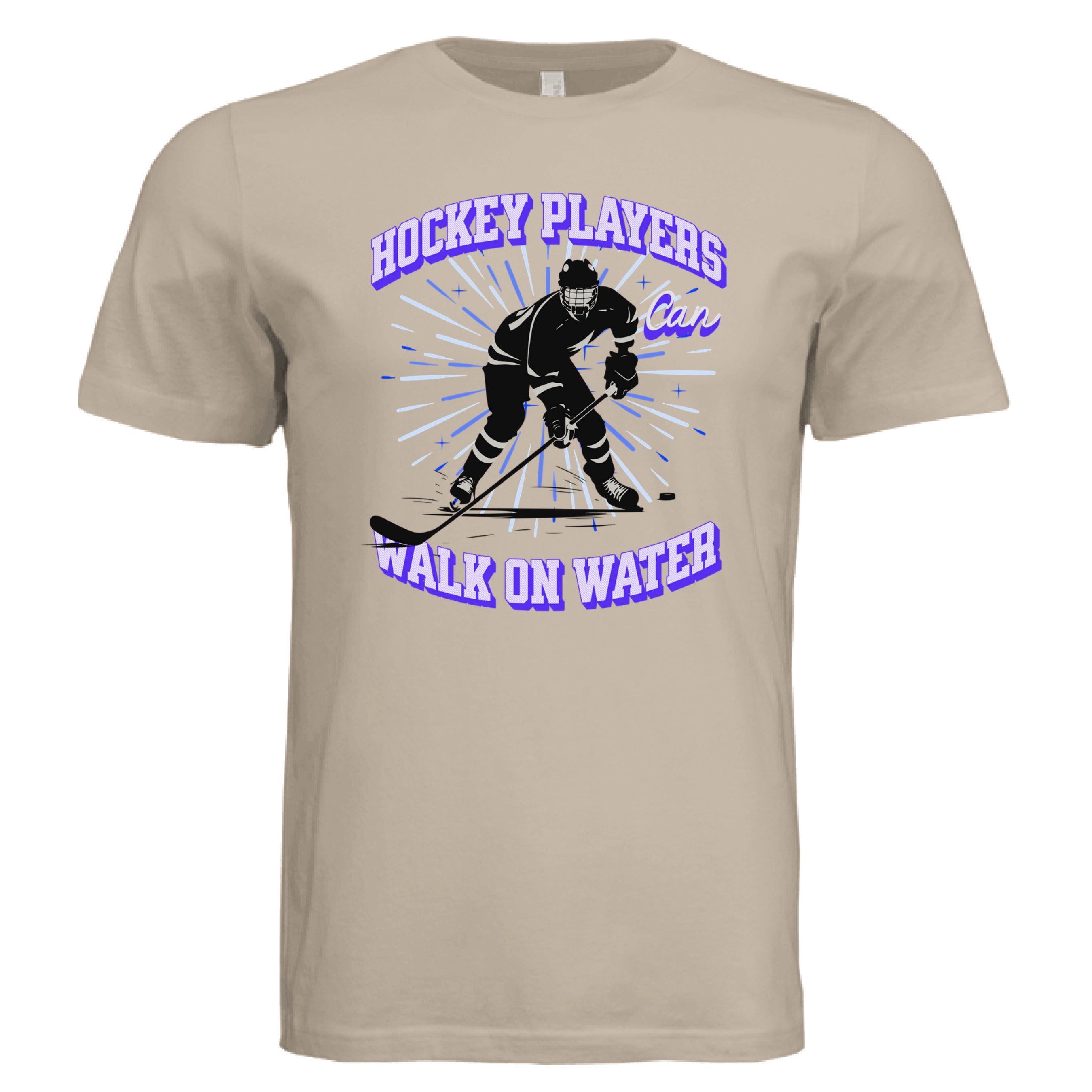 Beige t-shirt with hockey-themed graphic and text on a white background