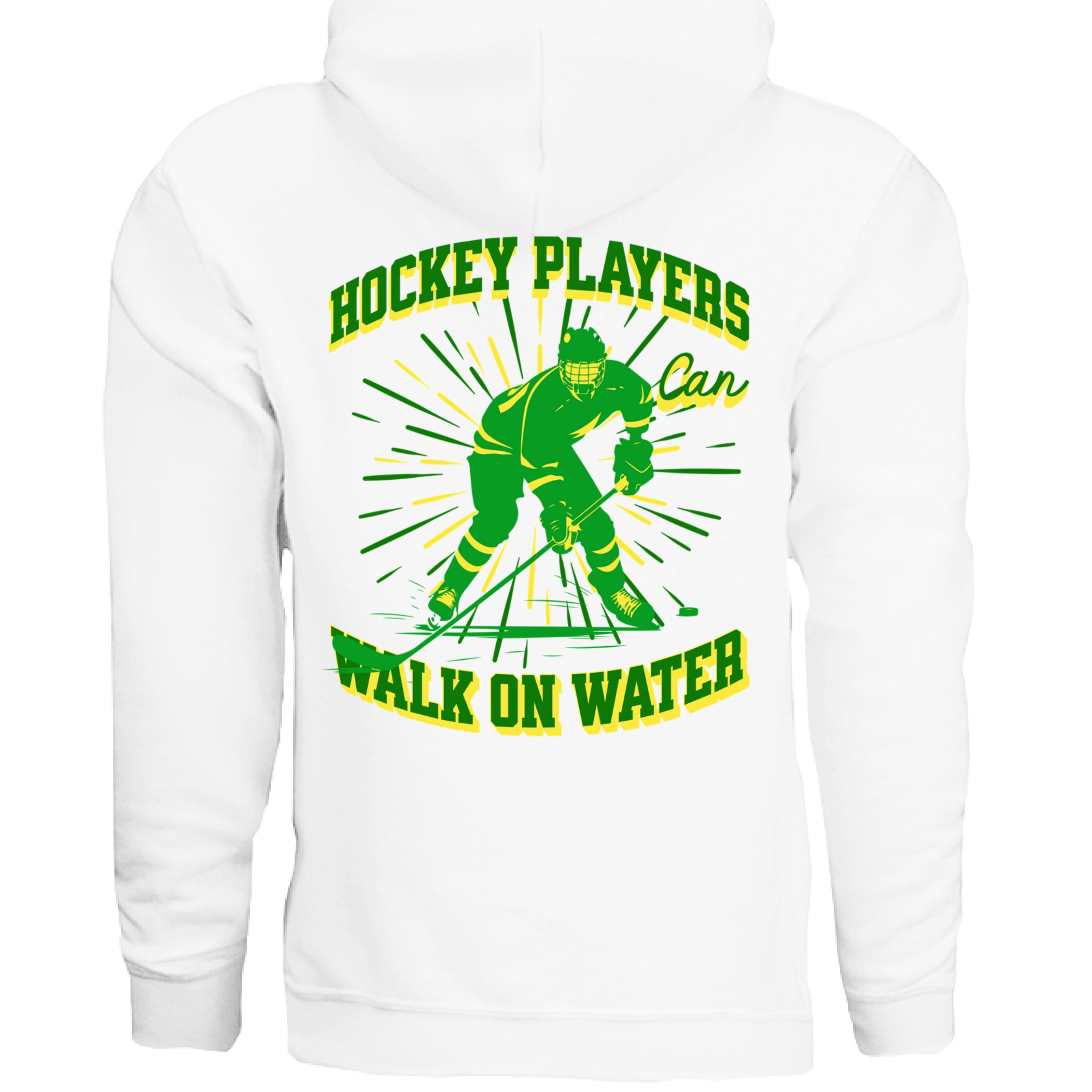 White hoodie with green and yellow graphic of a hockey player and text on a white background