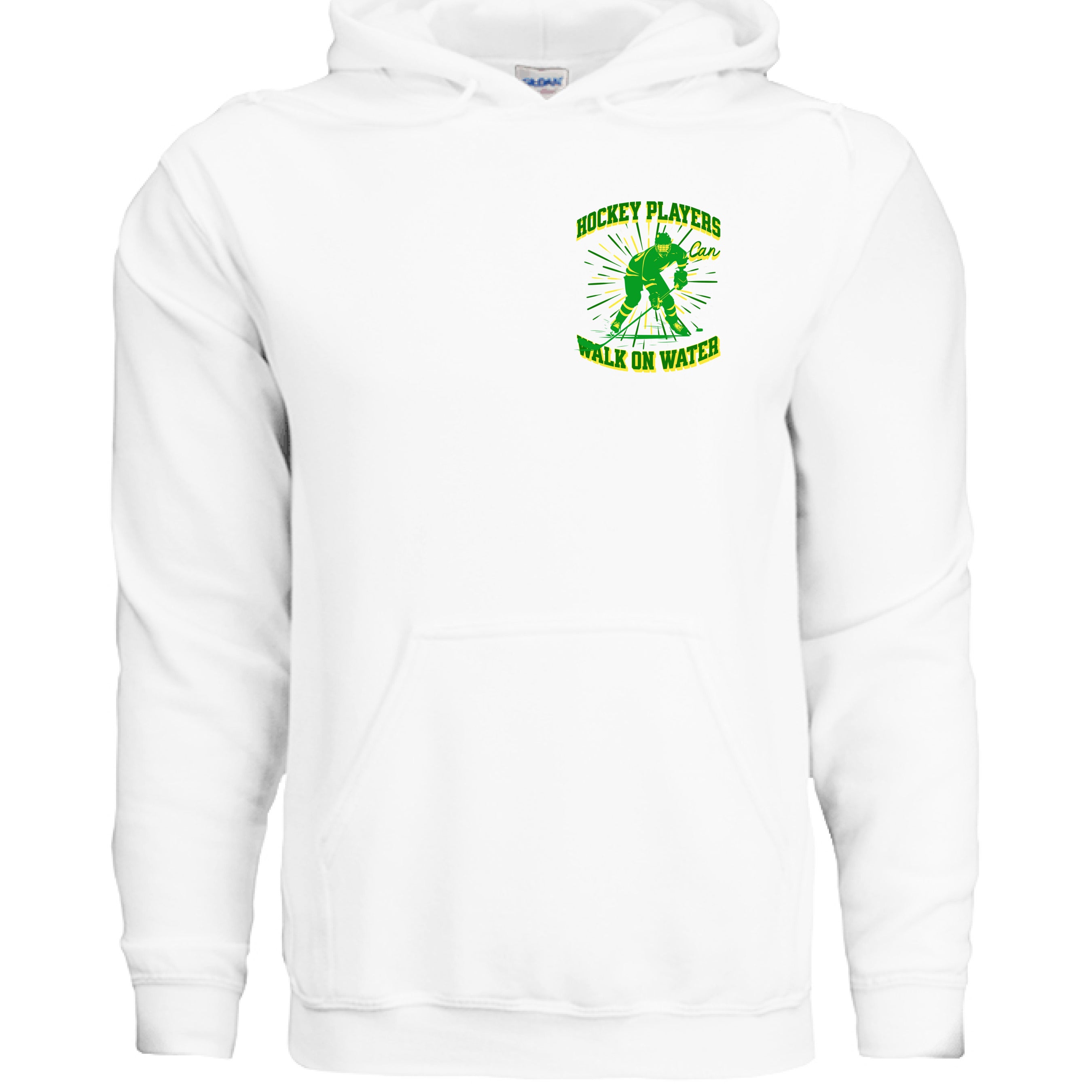 White hoodie with green and black graphic design on a white background