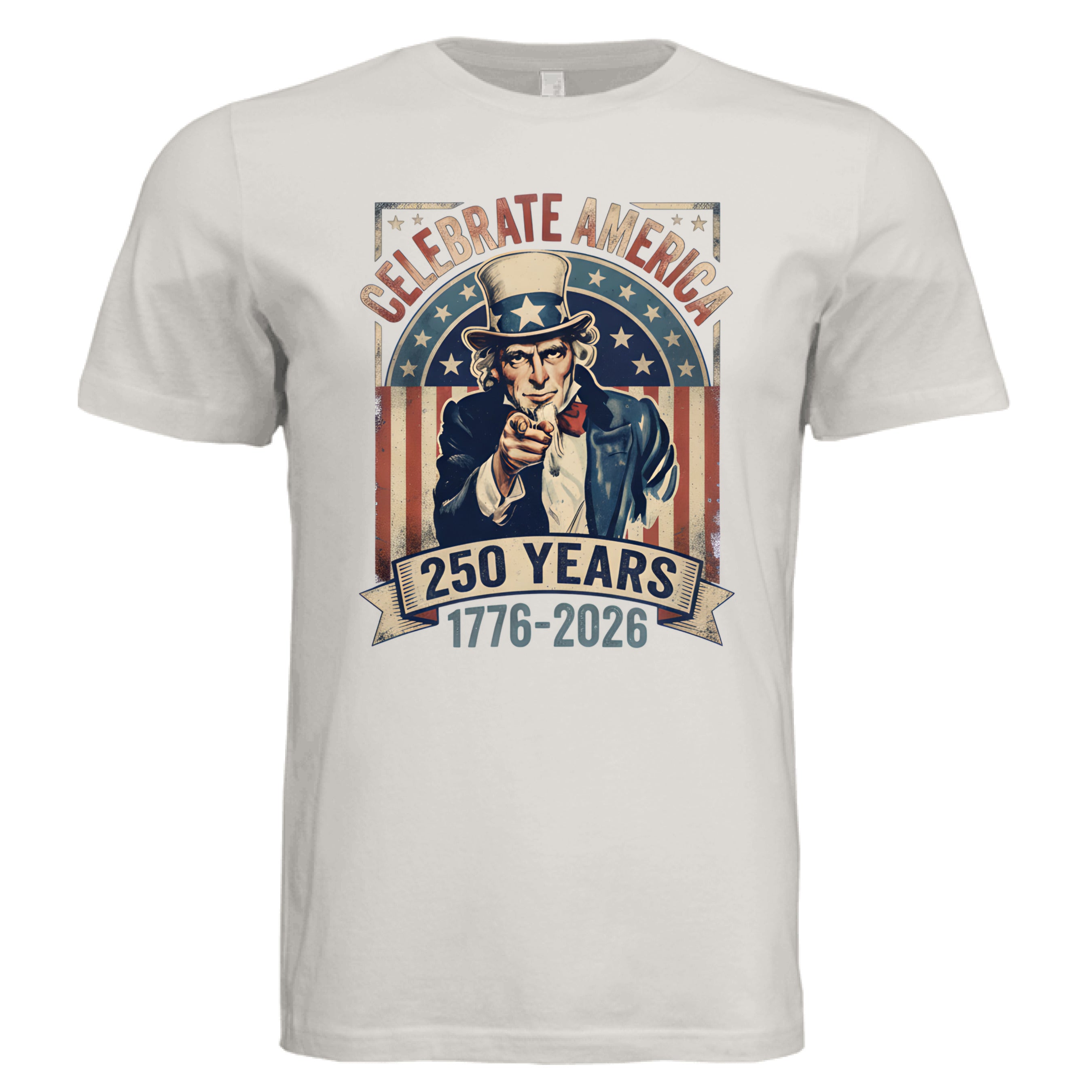 White t-shirt with Uncle Sam graphic and 'Celebrate America 250 Years' text on a white background