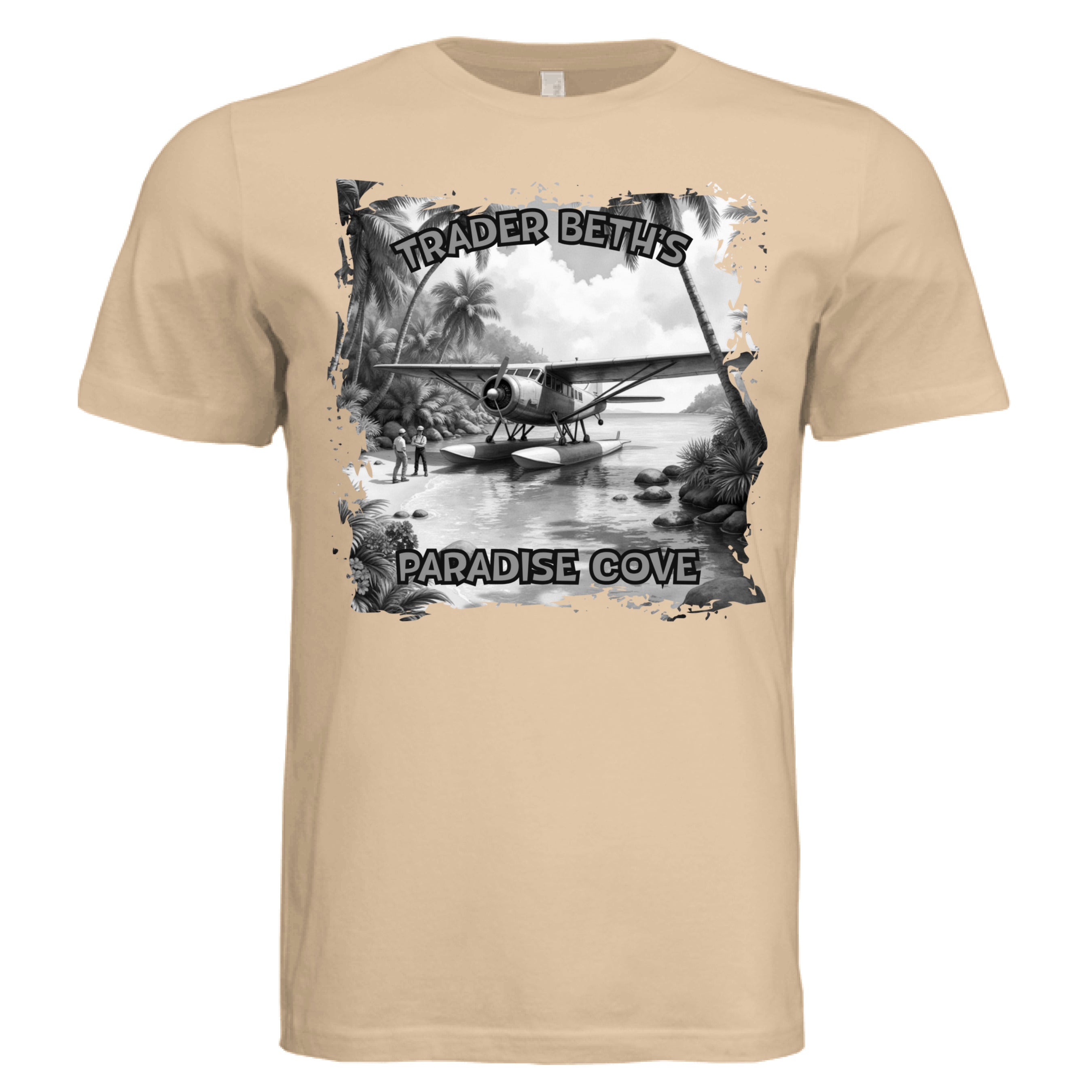 Beige t-shirt with a graphic design featuring a plane and text on a white background