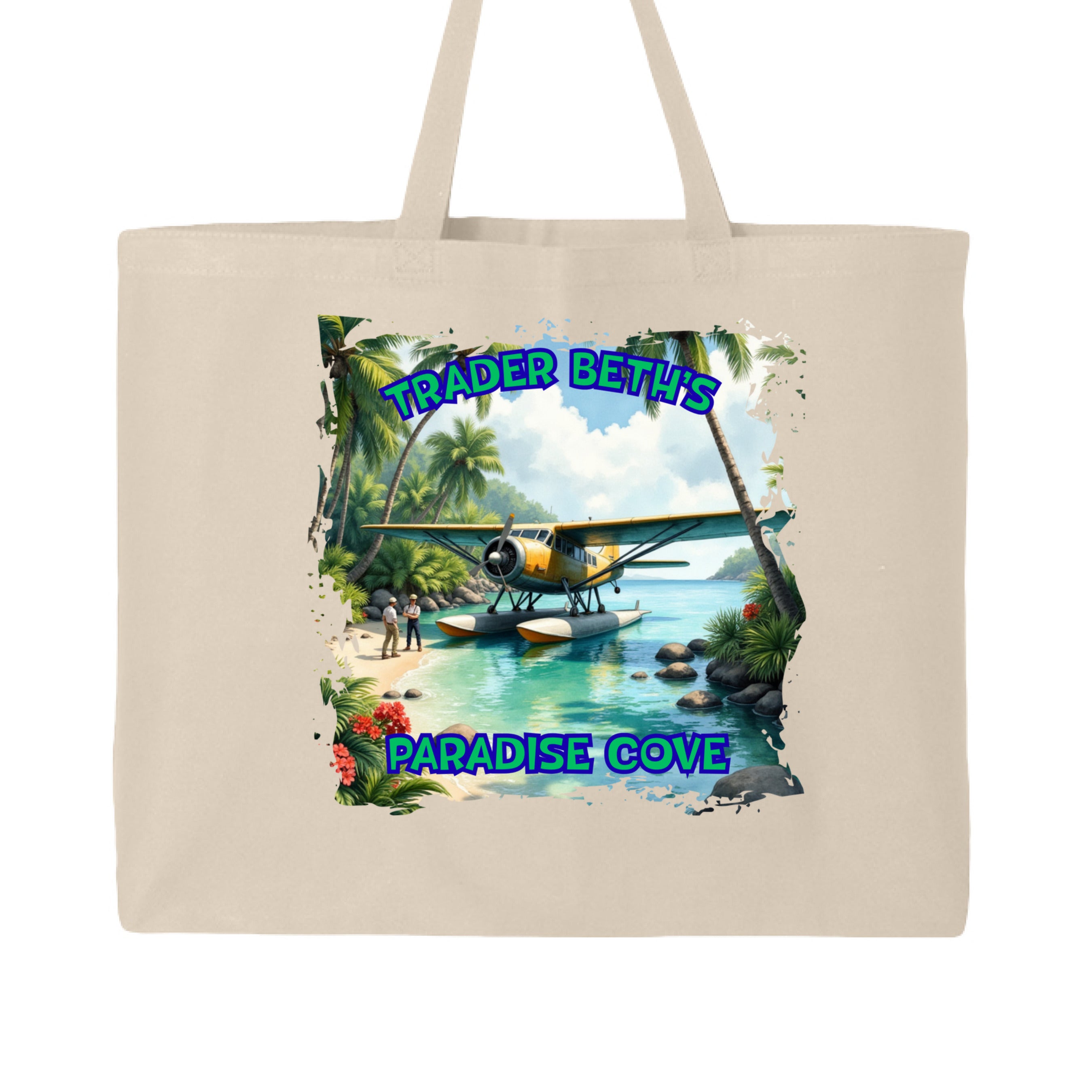 Beige tote bag with a tropical scene and 'Trader Beth's Paradise Cove' text.
