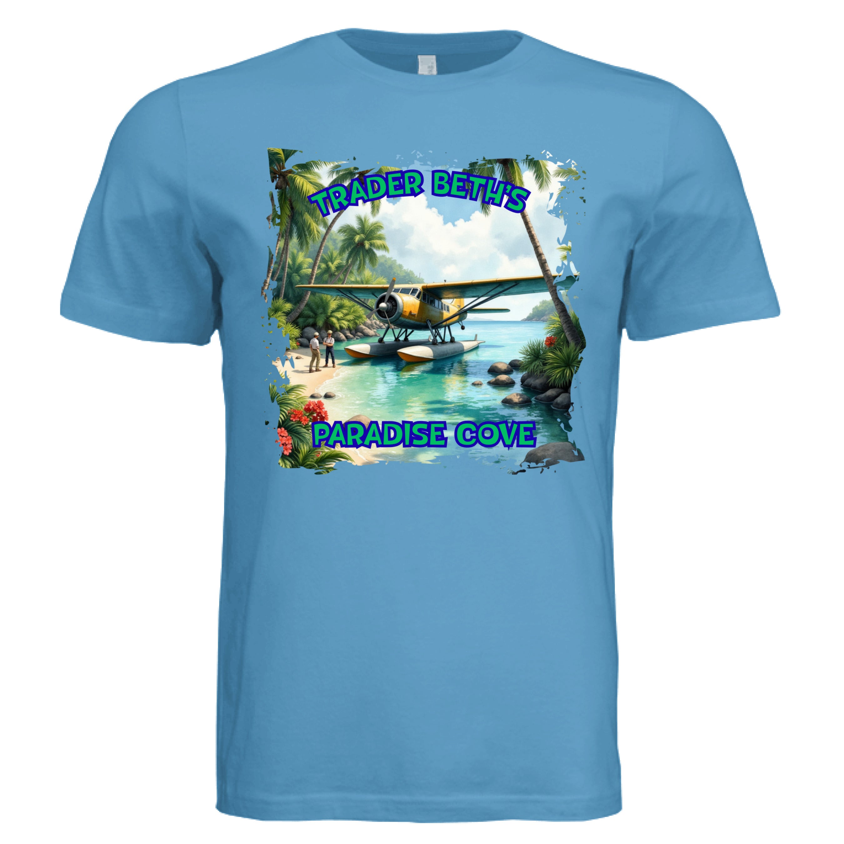 Blue t-shirt with a tropical island graphic and 'Trader Beth's Paradise Cove' text on a white background