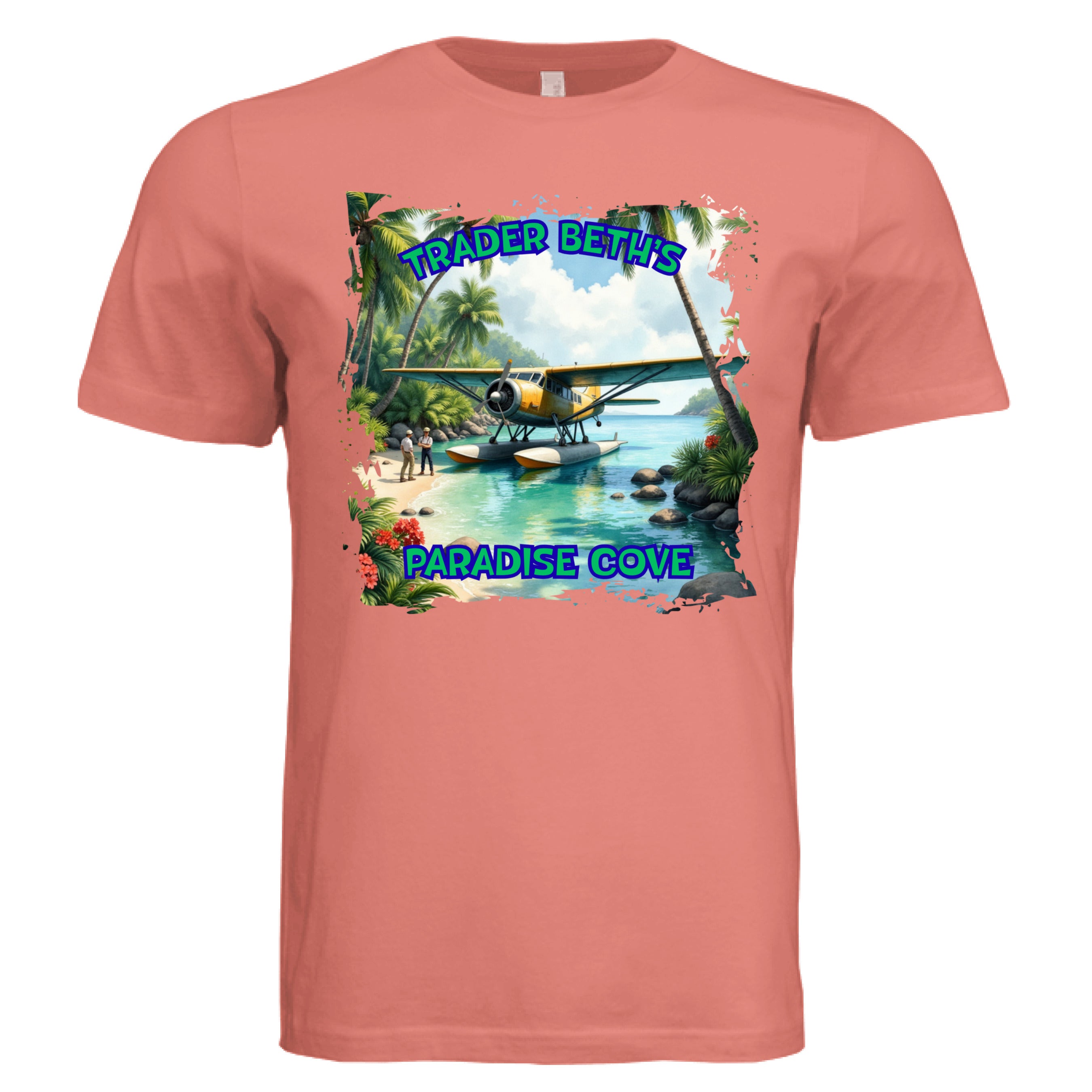 Sunset t-shirt with a tropical graphic and 'Trader Betts Paradise Cove' text on a white background