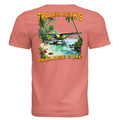 Sunset-colored t-shirt with a tropical graphic and 'Trader Beth's Paradise Cove' text on a white background