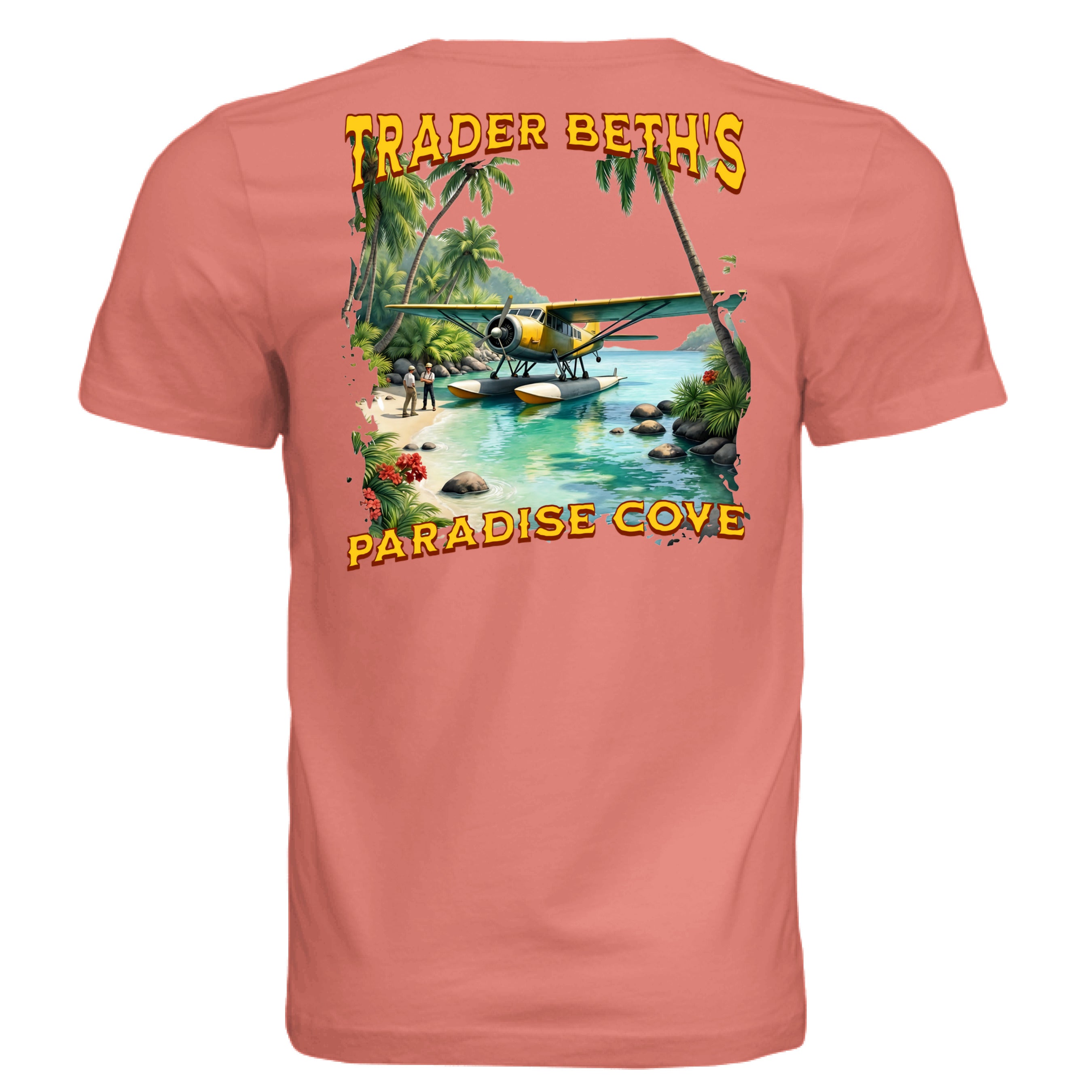 Sunset-colored t-shirt with a tropical graphic and 'Trader Beth's Paradise Cove' text on a white background