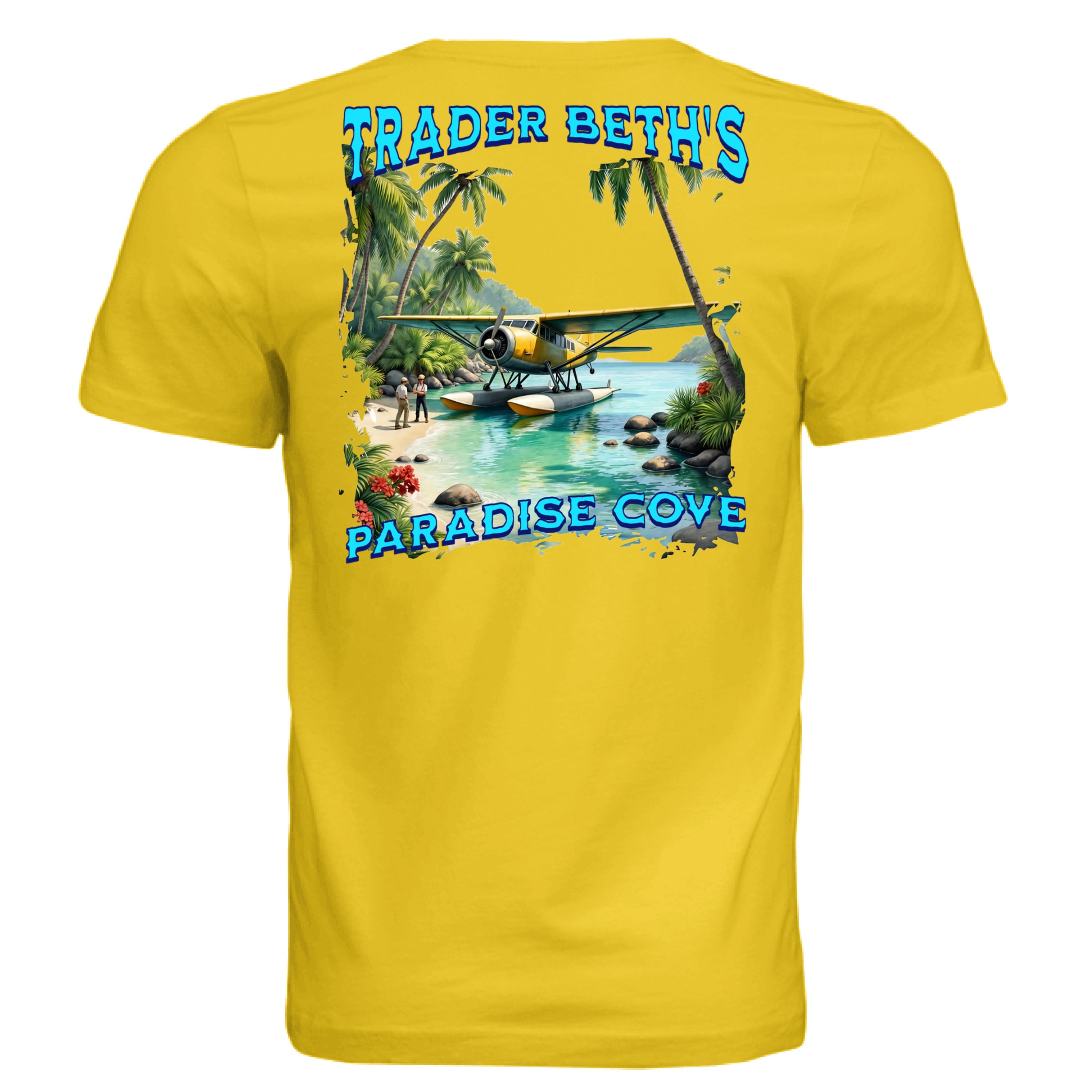Yellow t-shirt with a tropical design and 'Trader Beth's Paradise Cove' text on a white background
