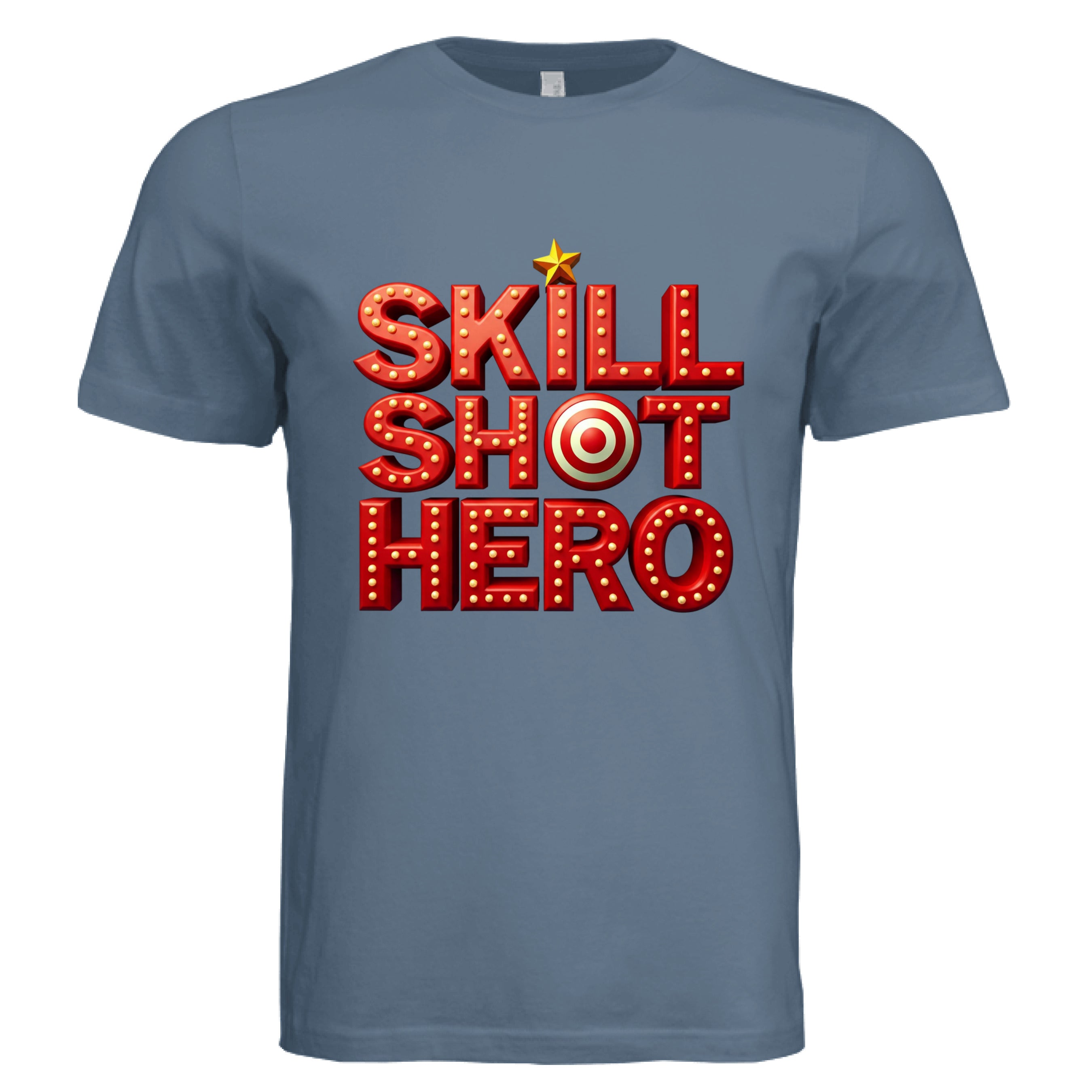 Blue t-shirt with 'Skill Shot Hero' text in red and yellow on a white background