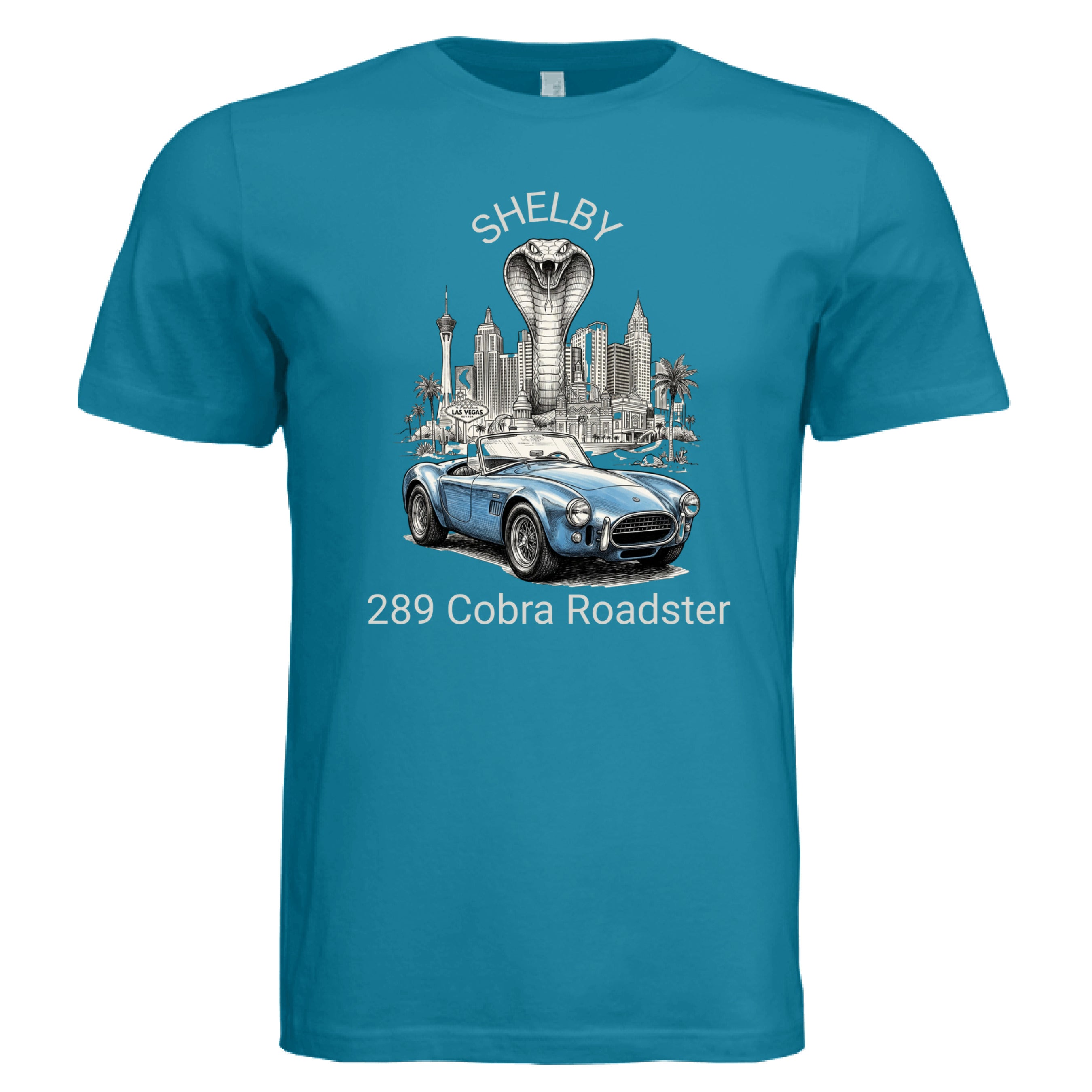 Blue t-shirt with Shelby Cobra Roadster graphic on a white background