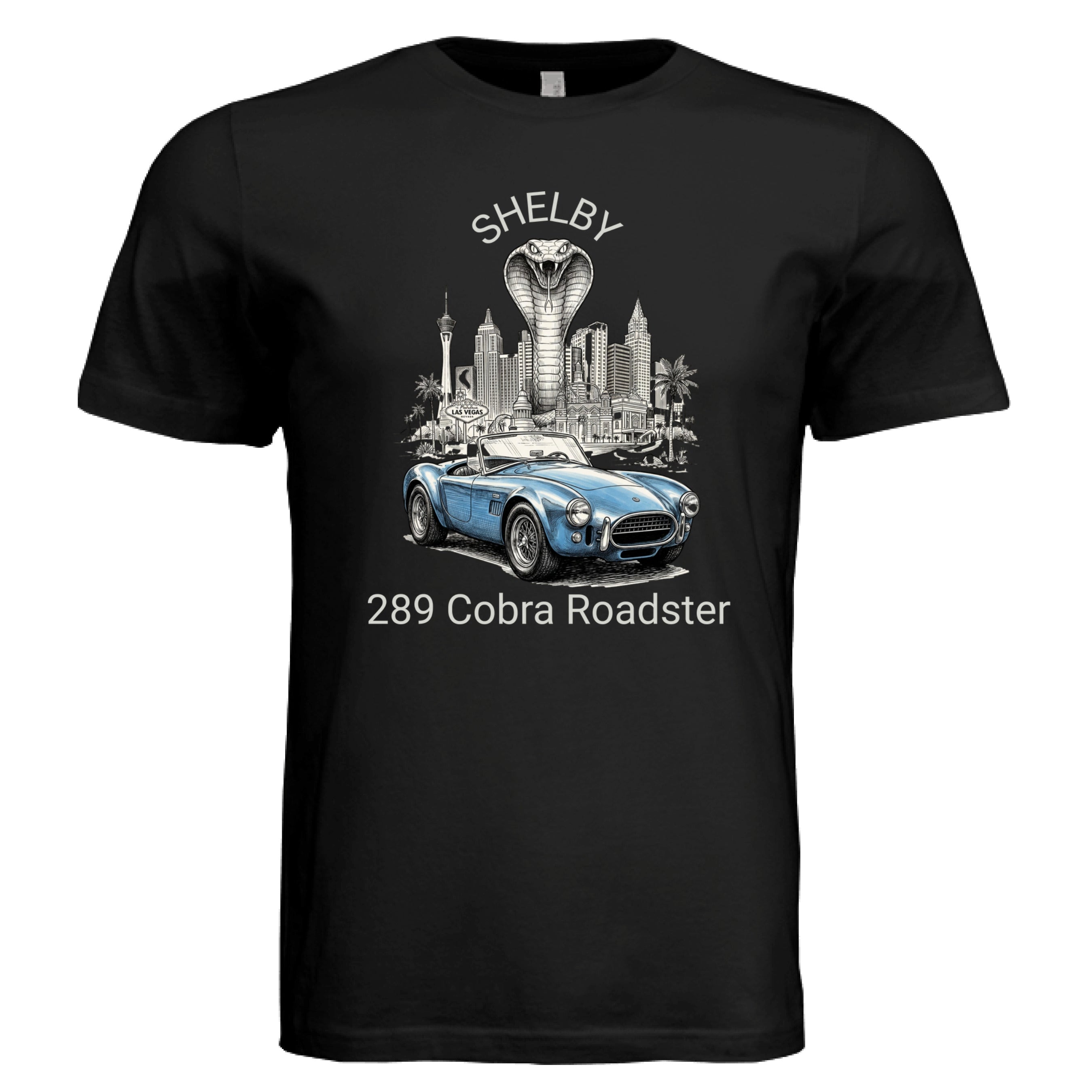 Black t-shirt with Shelby Cobra Roadster graphic design on a white background