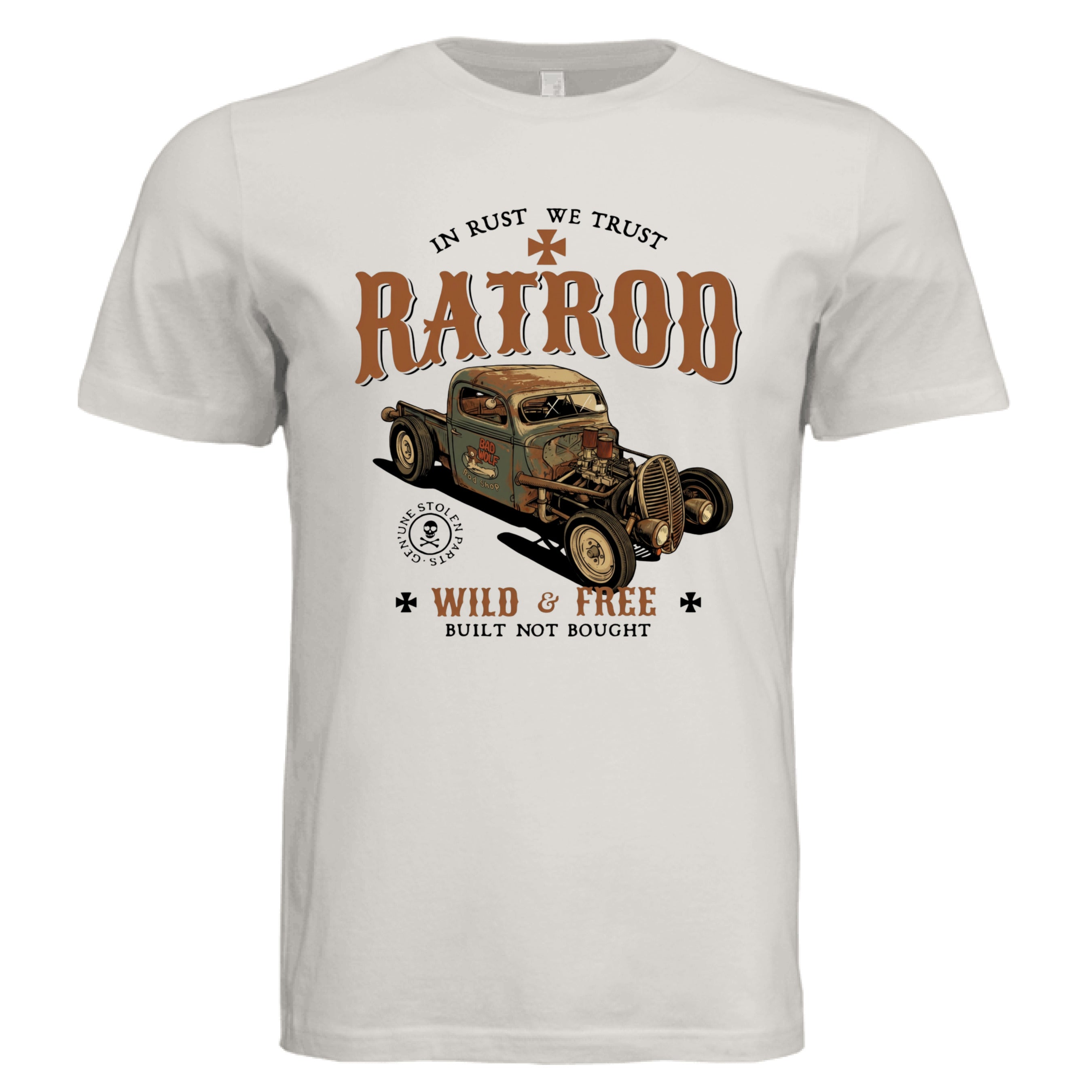 Vintage white t-shirt with Ratrod graphic and text on a white background