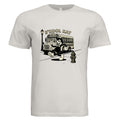 White t-shirt with a graphic of a cat , a school bus and the text 'S'Kool Kat'.